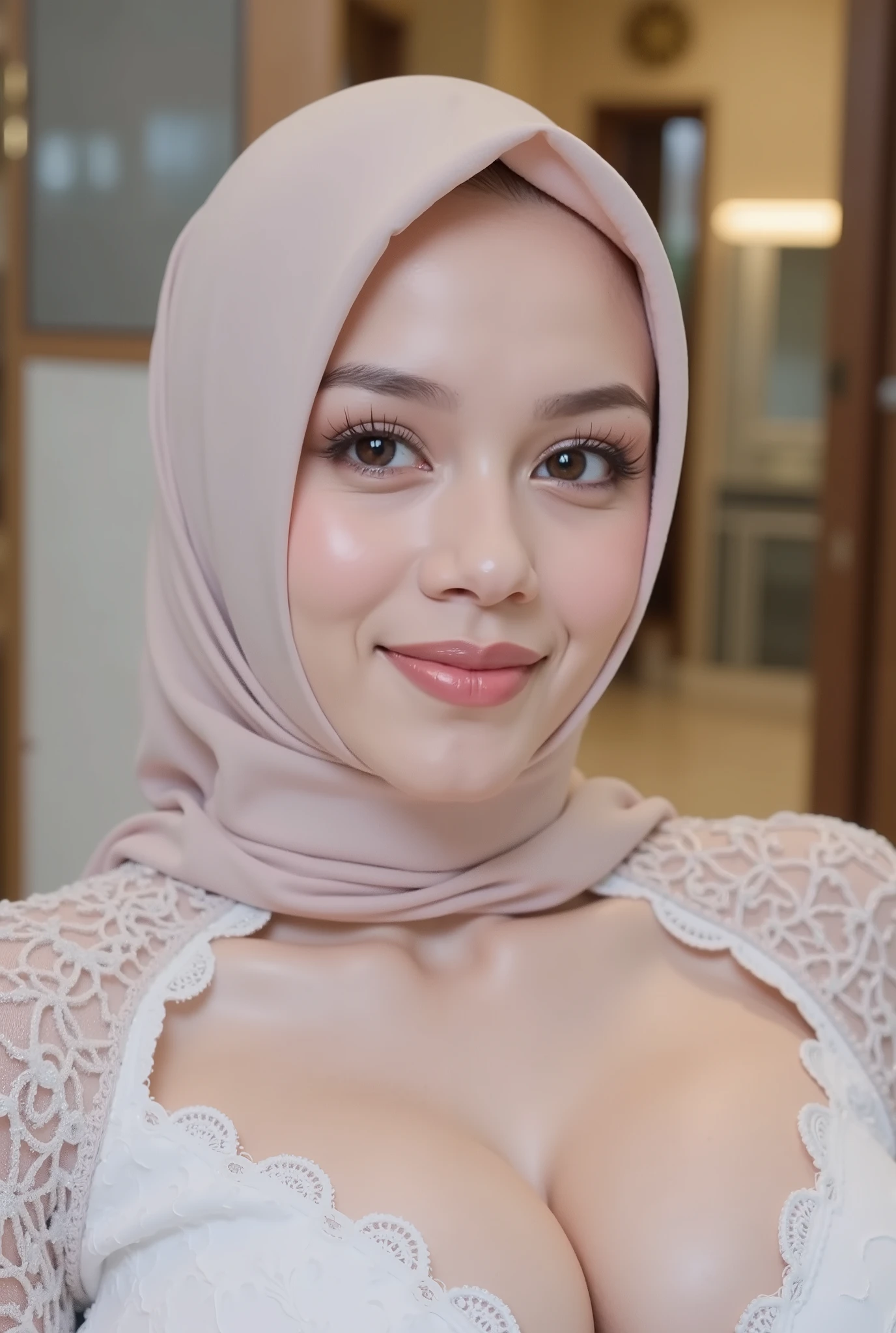 hyper HD, Masterpiece, Textured skin, 4K, Best quality of potrait a Beautiful hijab asian woman white fairy skin wearing dress , close-up half body , perfect hijab, detail veil , no hair visible, hyper realistic scarf and ornate on her side big back head hijab on likely hijab bun style , happy vibes, beauty smile open mouth showing teeth , smiling confident , huge breast , perfect hands , auto correct detail fingers.
