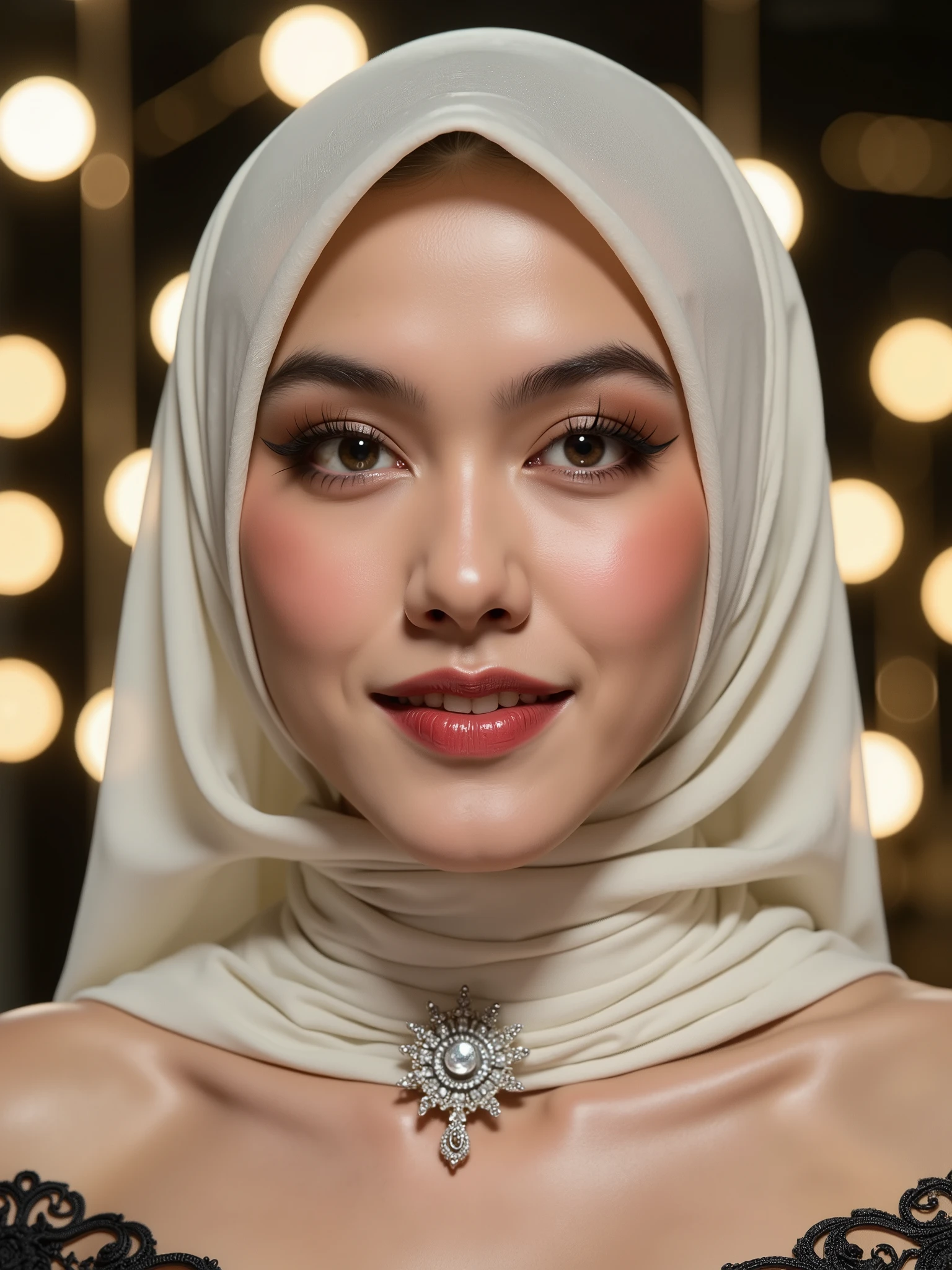 hyper HD, Masterpiece, Textured skin, 4K, Best quality of potrait a Beautiful hijab asian woman white fairy skin wearing dress , close-up half body , perfect hijab, detail veil , no hair visible, hyper realistic scarf and ornate on her side big back head hijab on likely hijab bun style , happy vibes, beauty smile open mouth showing teeth , smiling confident , huge breast , perfect hands , auto correct detail fingers.