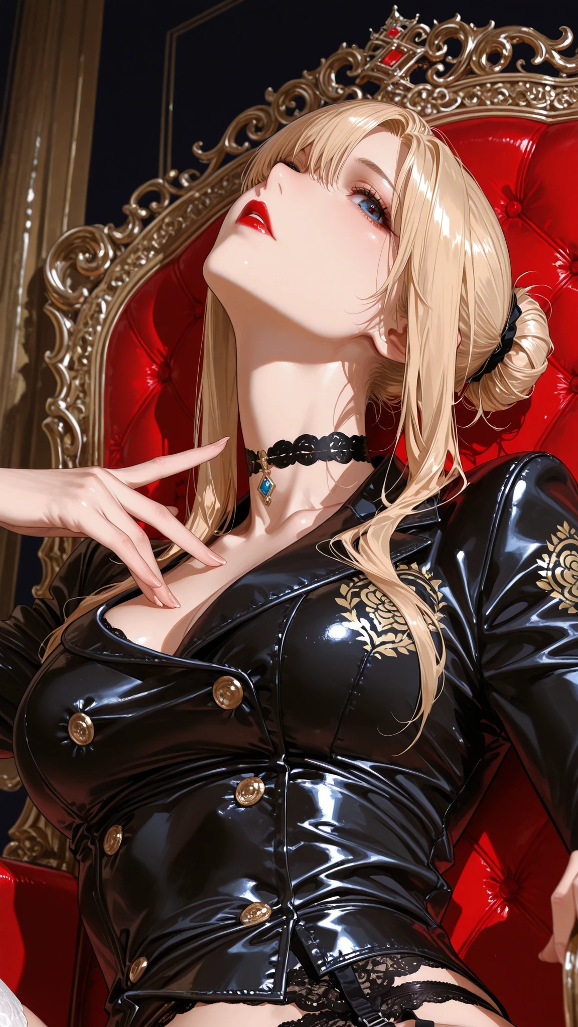 Group of 4 tall high school students wearing black leather designer bags, Proper Configuration,beautiful illustration, (masterpiece, details:1.2), Maoricus,score_9, score_8_up, score_7_up, score_6_up, score_5_up, Black Lace Underwear,elegant gold embroidery、 white thighs, garter strap, , on a pasture at night, Queen Morimoto , 1girl, mature woman, blond hair, single hair bun, long hair under underwear, black choker, blue eyes, red lips, close-up, Perfect Composition , super quality, 8k, super quality, Beautiful Japanese Woman, 表情のclose-up, details eyes, careful brown irises, Clear Brown Eyes , high definition, small breasted, upper body angle, 5 Anatomically Correct Fingers, anatomically correct ratio :1.331, Tiny Head :1.331, details skin, details face, dynamic pose, The viewer looks up at her, seated on an ancient throne。