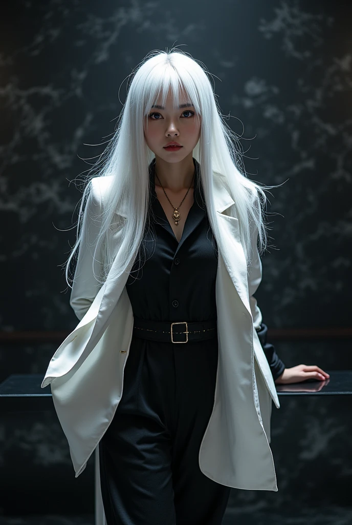 Girl, 20 years old, with long white hair down to below her waist, a serious yet tender expression, and red eyes. Her hair features black streaks. She wears antique-style clothing, a long black dress with a slit on the legs, and high black boots that almost reach her knees. Her power and background are related to shadows and darkness. dark escense, figth stance