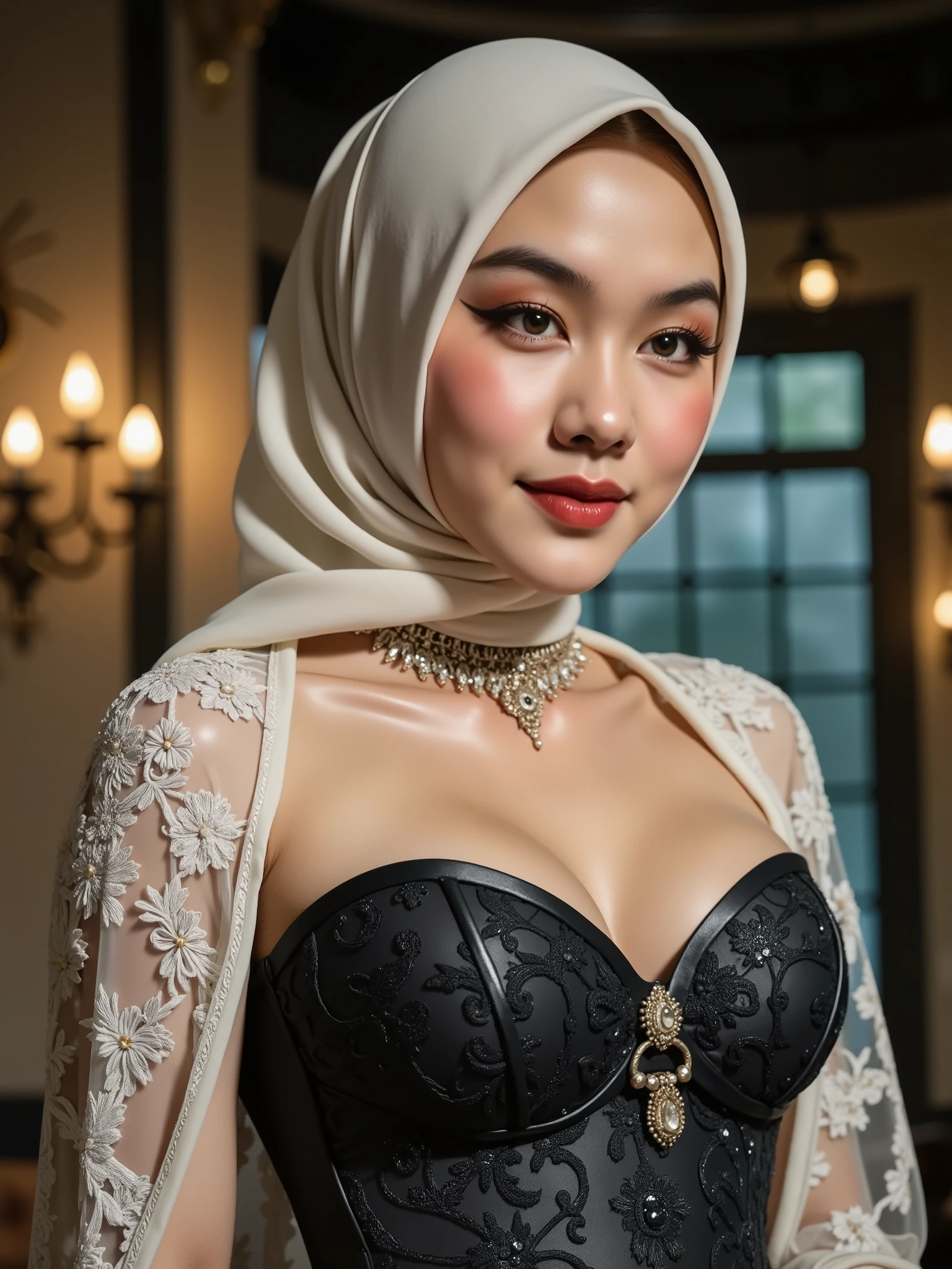 hyper HD, Masterpiece, Textured skin, 4K, Best quality of potrait a Beautiful hijab asian woman white fairy skin wearing dress , close-up half body , perfect hijab, detail veil , no hair visible, hyper realistic scarf and ornate on her side big back head hijab on likely hijab bun style , happy vibes, beauty smile open mouth showing teeth , smiling confident , huge breast , perfect hands , auto correct detail fingers.