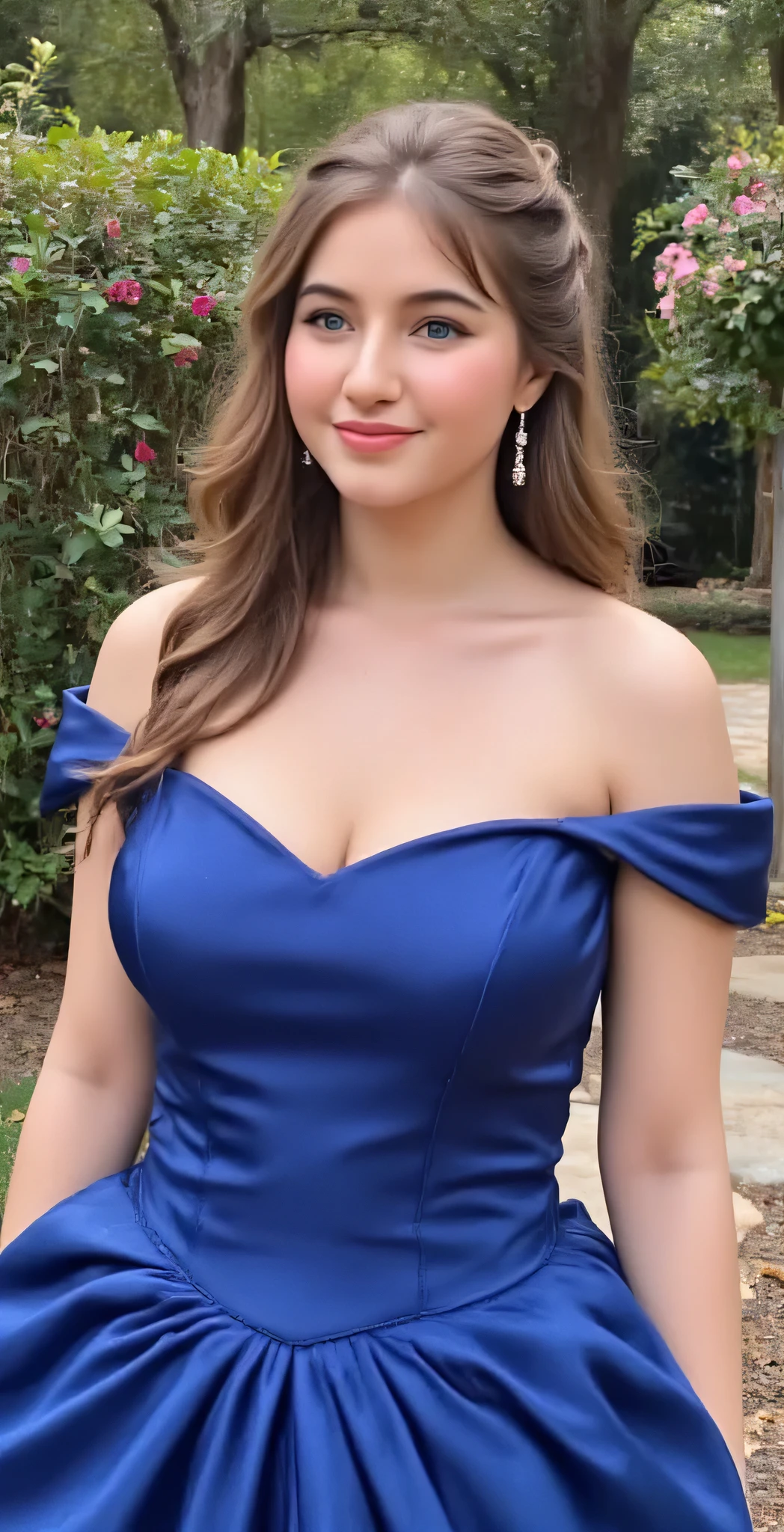 Dynamic angle, full body shot, photograph, Queen Melody has long brown hair in a fancy updo with loose strands framing her face and blue eyes. She has . She is wearing a royal blue ball gown. She is standing in a royal garden. Akaninbat