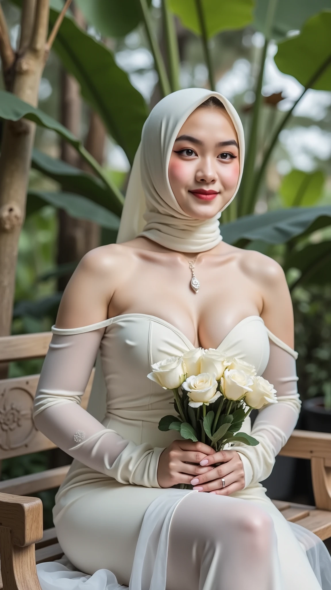 hyper HD, Masterpiece, Textured skin, 4K, Best quality of potrait a Beautiful hijab asian woman white fairy skin wearing dress , close-up half body , perfect hijab, detail veil , no hair visible, hyper realistic scarf and ornate on her side big back head hijab on likely hijab bun style , happy vibes, beauty smile open mouth showing teeth  , smiling confident , huge breast , perfect hands , auto correct detail fingers. 