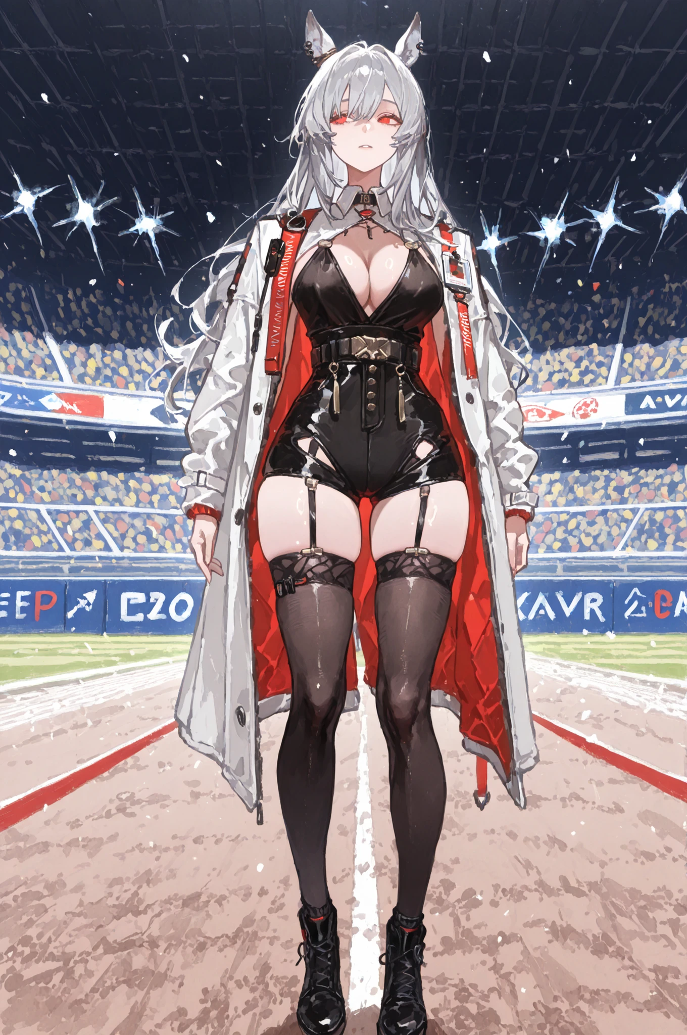 lawn、Racecourse、緑のlawnの上、新緑のlawn、Yee Xuan、collapse Starrail、Racecourse、Uma Musume、horse ear、Jirio Mahonoko、 A sophisticated eye 、Full Body、GBF_style、748cm style、32K、Semi Realistic、  super detailed description on the front 、art work、Original Work、 Detailed Color、 detailed eyes、 detailed face 、Detailed Eyes、detailed eyes、Exquisite eyes, The best傑作、professional job、Beautiful , Lots of Piercings, pop art,, realistic skin, The best, long hair under underwear,Red Eye,    cool look, narrowed her eyes, viewers, Silver Hair、lawn、Racecourse、Turf、Race Course 、dynamic pose 、緑のlawn,Racecourse、lawn、Black Knee Socks、緑のlawn、black hotpants、black hotpants、black tights、lawnの上、frustrated、garter belt、schwarz(Arknights)、Red and white coat 、white two-tone coat