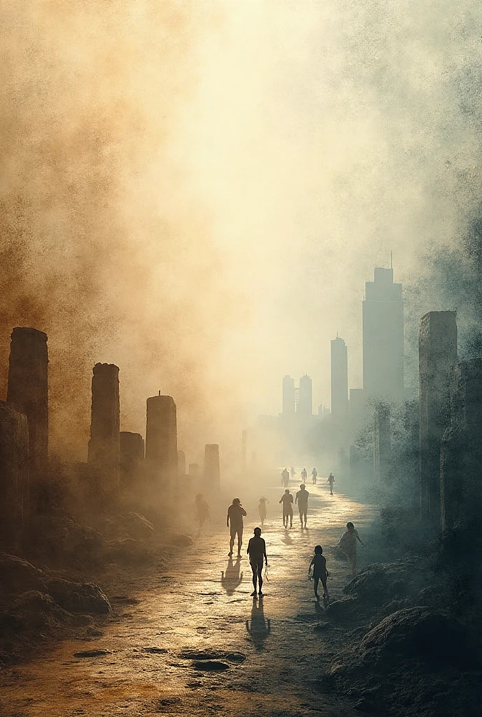 A sophisticated, artistic background representing the evolution of humanity through time. Softly blended imagery of ancient ruins, early human silhouettes, old maps, and a faint modern city skyline in the distance. Warm earthy tones like beige, brown, and muted gold gradually transitioning to cooler futuristic blues and grays. Subtle lighting and textures like stone or parchment, giving a timeless and intelligent mood. No people, no text, no clutter — just a mature, elegant background for a historical nonfiction book cover."