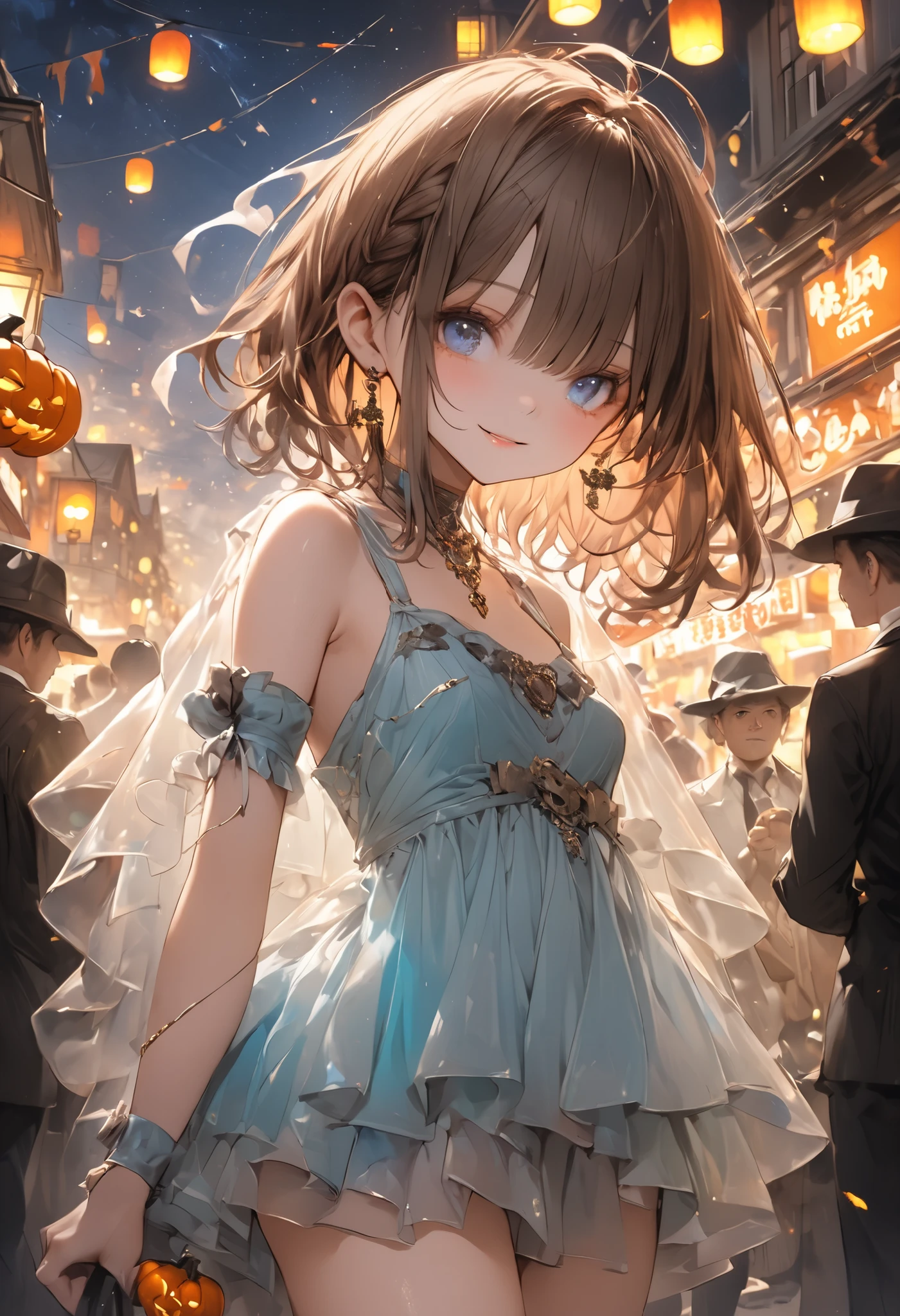 Cheerful Halloween Ghosts with a Horrible Atmosphere、Halloween Night、Late Night、ghost girl、Halloween Parade、Brilliant Colors,beautiful eyes,A delicate smile,Textured Skin,masterpiece,Kilo,BEST QUALITY THE BEST,gentle and beautiful woman,Noisy Ghosts，Everyone Here Are Ghosts，Wearing Stylish Costumes、Crowded Scramble Crossing、Exchanging lots of sweets、meteor、空から降り注ぐmeteor、無数のmeteor群、brown hair，shortcuts with armbands，unkempt hair，Short braided hair，Neat，slender beauty，correct attitude，small breasted，beautiful legs，Enchanting Gray-Blue Eyes Shine Like Stars，Saggy Eyes，Brilliant Colors,beautiful eyes,A delicate smile,Textured Skin,BEST QUALITY THE BEST,gentle and beautiful woman,anime style､4K High Quality、Photographer style、Realistic、HDR、ultra-fine depiction、Vivid Color、Bokeh