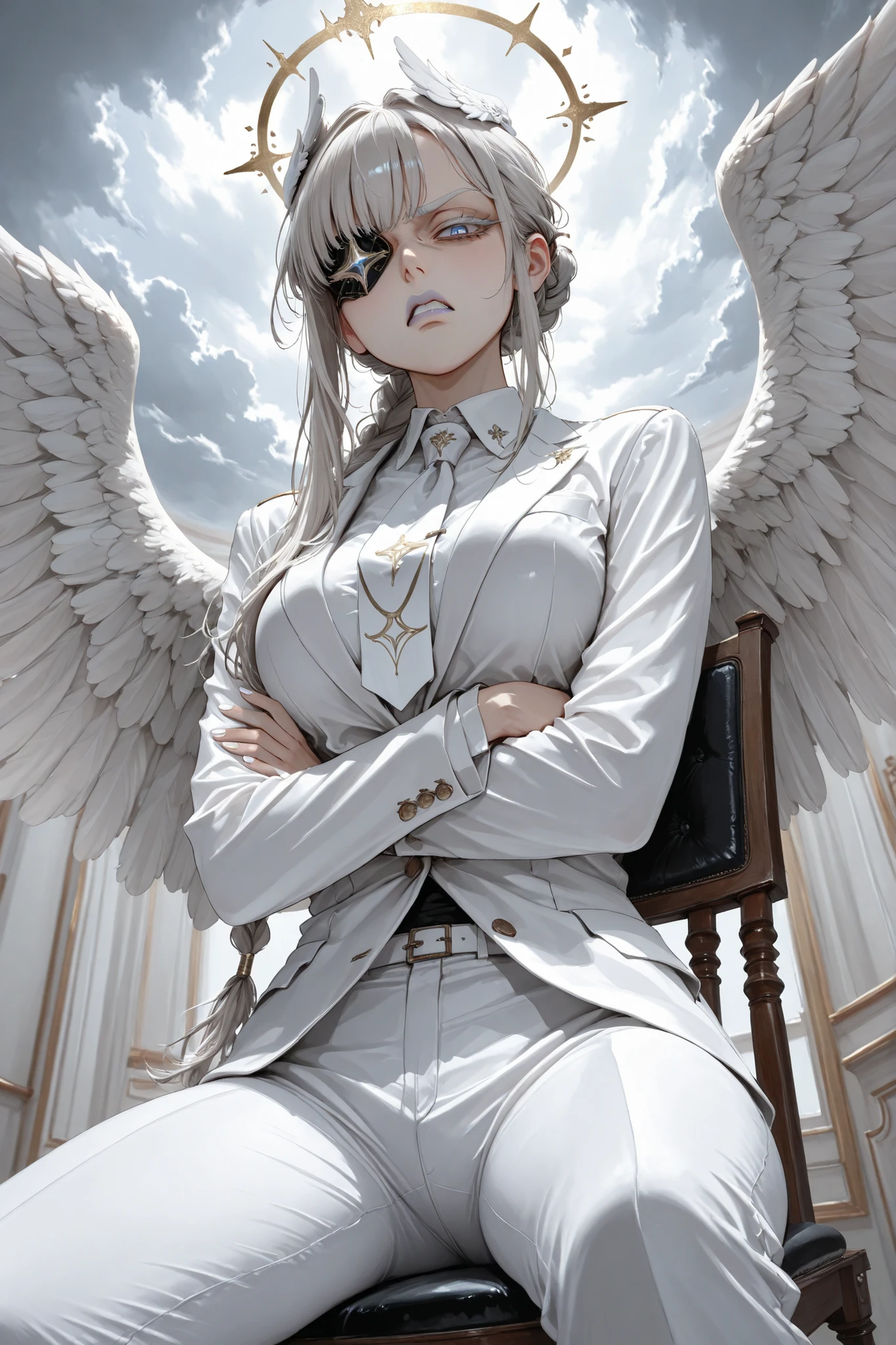 UHD, masterpiece, anatomically correct, super detail, best quality, high-res, 16k, 1girl, solo, shoulder-length platinum hair with bun and long braid, halo, Forelock covering one eye, bright sapphire eyes, long white eyelashes, golden eyeliner, white brows, disgust, white lipstick, wings on head, 4 wings behind back, slender figure, white nails, , white suit, white cloves, white tie, white shirt, white pants, sit on chair, looking down on viewer, clouds around, crossed arms, from below view