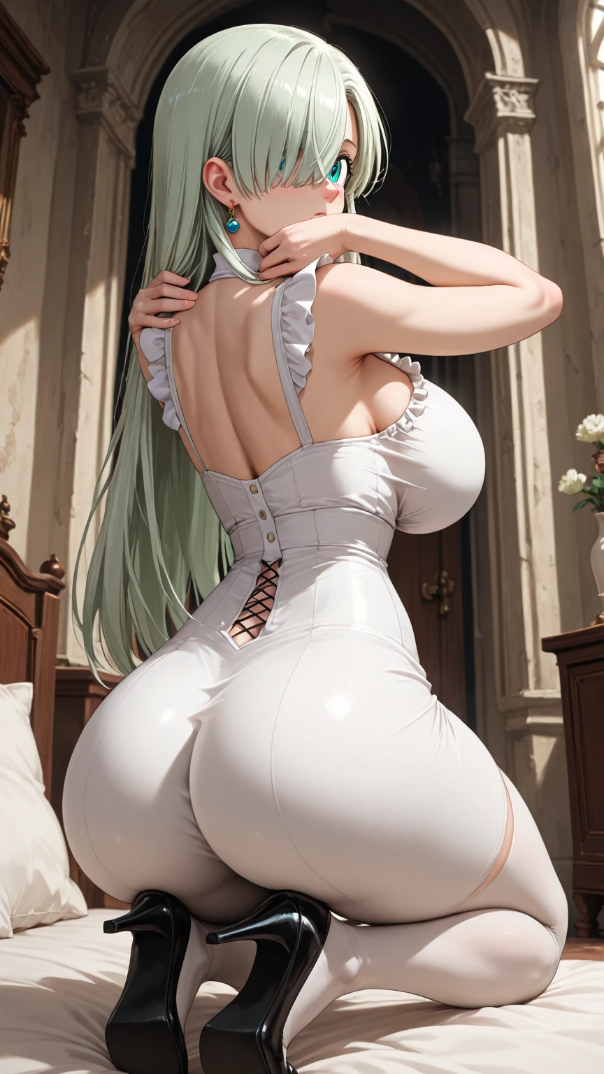 masterpiece, best quality, 1girl, solo, ( 3.0), ( implants, fake , unaligned , perfectly round ), SFW, cowboy shot, Long Hair, Detailed eyes,Full Body,china dress,blue and black dress,big ass,prinzv4,cleavage,detailed dress, (), (looking back), looking at viewer, back,naked ass,gaping asshole,asshole,