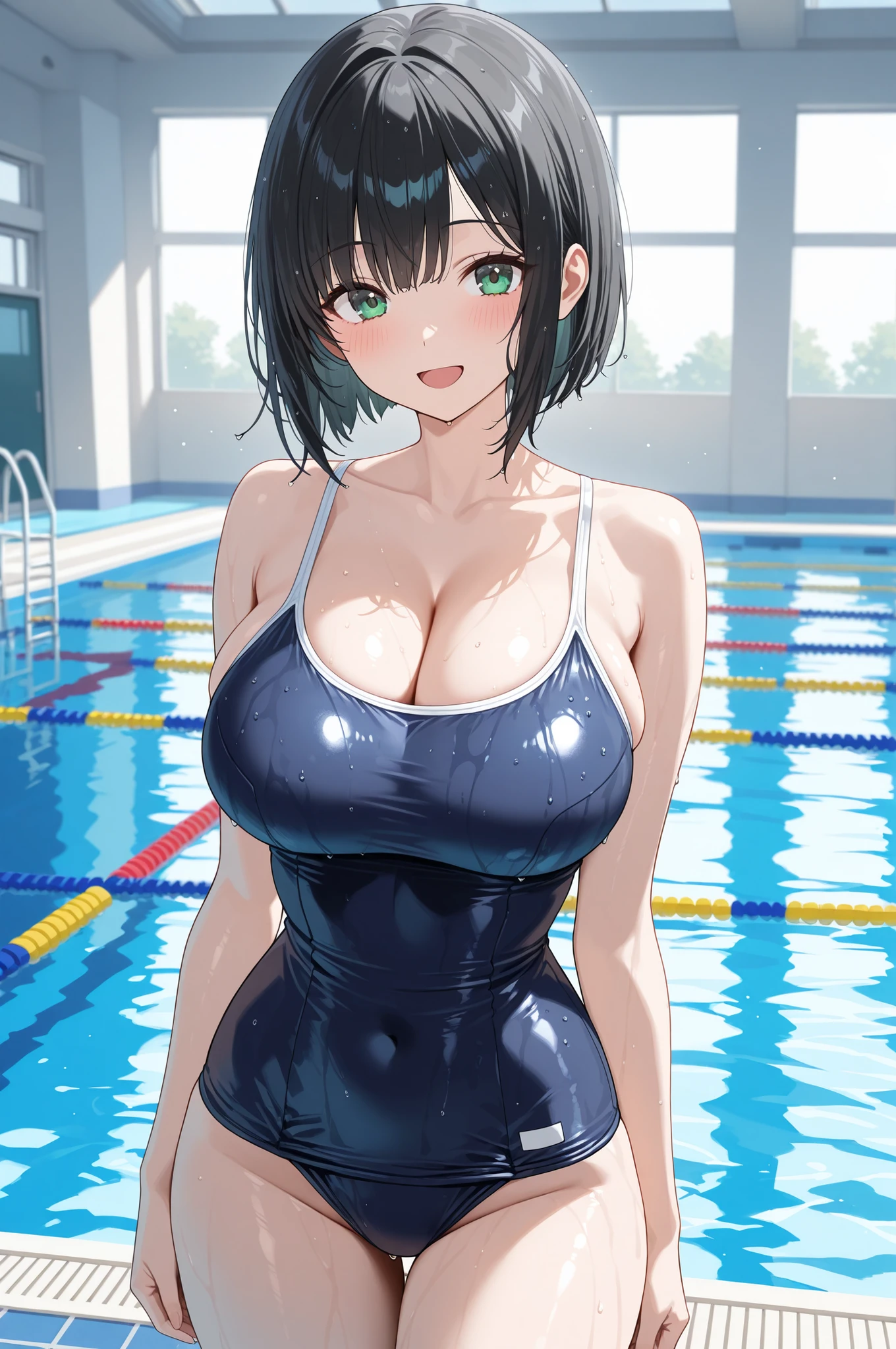 {{{masterpiece}}}, {{{best quality}}}, {{ultra-detailed}}, solo, detailed skin texture, arena default,green eyes,black hair, bob cut, large breasts, beautiful breasts,
school swimsuit, cleavage, looking at viewer, blush, cute smile, open mouth, standing on the ground, school swimming pool background, wet hair, straight posture, lower body, cowboy shot, hands at sides of body , from front