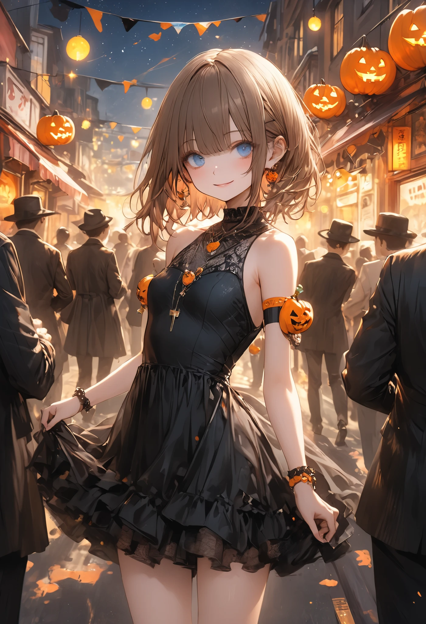 A cheerful Halloween ghost with a horror atmosphere、Halloween Night、Late Night、ghost girl、black dress、Halloween Parade、Brilliant Colors,beautiful eyes,A delicate smile,Textured Skin,masterpiece,Kilo,BEST QUALITY THE BEST,gentle and beautiful woman,Noisy Ghosts，Everyone Here Are Ghosts，Wearing Stylish Costumes、Crowded Scramble Crossing、Exchanging lots of sweets、meteor、空から降り注ぐmeteor、無数のmeteor群、brown hair，shortcuts with armbands，unkempt hair，Short braided hair，Neat，slender beauty，correct attitude，small breasted，beautiful legs，Her enchanting gray-blue eyes are shining like stars，Saggy Eyes，Brilliant Colors,beautiful eyes,A delicate smile,Textured Skin,BEST QUALITY THE BEST,gentle and beautiful woman,anime style､4K High Quality、Photographer style、Realistic、HDR、ultra-fine depiction、Vivid Color、Bokeh