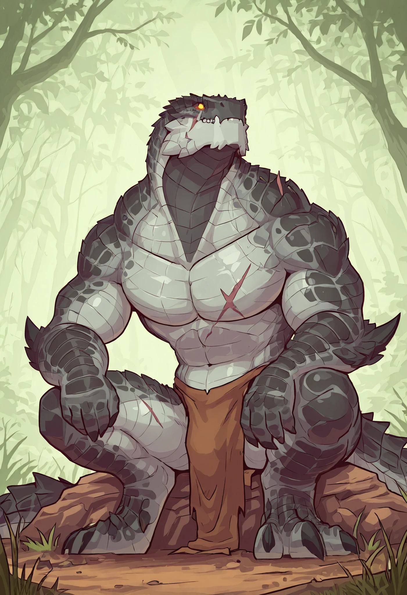 1male, solo, anthro, lizardfolk, anthro dragon lizard, solo, scaly, detailed scales, experienced predator, black scales, matte body, torso is well-defined and muscular, body robust and powerful, massive arms, detailed scales, scars on body and head, thick neck, sitting pose, looks timid, marked defined jaw, pike jaw, scaly, looking up, loincloth, horror, best quality, 4k, ultra-detailed, full body, green forest background