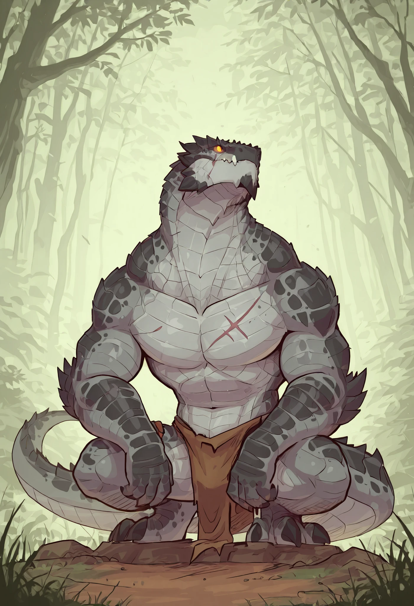 1male, solo, anthro, lizardfolk, anthro dragon lizard, solo, scaly, detailed scales, experienced predator, black scales, matte body, torso is well-defined and muscular, body robust and powerful, massive arms, detailed scales, scars on body and head, thick neck, sitting pose, looks timid, marked defined jaw, pike jaw, scaly, looking up, loincloth, horror, best quality, 4k, ultra-detailed, full body, green forest background