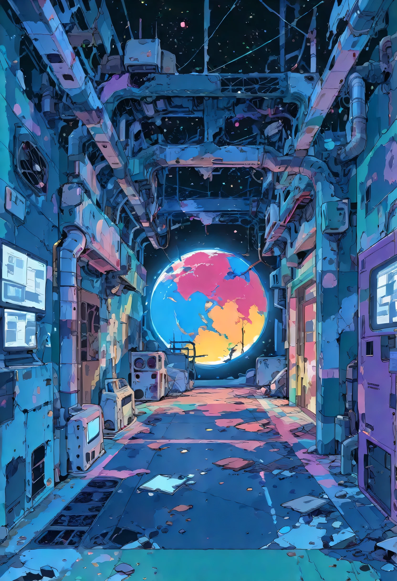 masterpiece,Ultra-high resolution,rich contrast,Very high quality,8k,professional photograph,an extremely delicate and beautiful,Incredibly absurd,Depth of written boundary 1.2,((Decaying walls of an abandoned space station)),There are no people,broken display,broken computer machine,Set-Flat-Style,flat color,vector style,clean lines,colorful background,outer space,Destroyed communications equipment,A rusty and damaged space colony