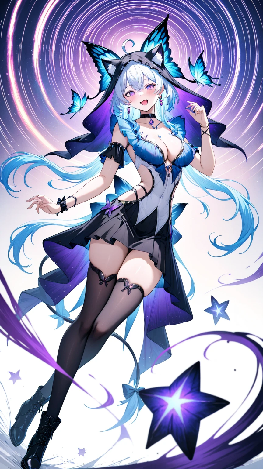 （（masterpiece：1.4，best quality）），（Super detailed），（Extremely detailed eyes），（Shiny socks：1.5），Hello Darkness
（Cute girls），15 years old，（Blood-red pupils，Diamond-shaped pupil：1.15），Purple Eyeshadow，（elongated hair，Thick hair，Single ponytail，shiny hair：1.5）（Changes through：1.2），despair，sad，Empty eyes，tears streaming down my face，tilting its head to the side，
（She wore a blue dress，：1.5），（Black gloves：1.4）Very long plush sleeves，White，White Cloud，Dream bubbles ，Ice and glitter effects
（Black long skirt：1.1），
（（Starry Sky：1.2）），
（Intense black and white：1.16），（Depth of Field：1.4），，Intricate details，(((Detailed background，Castle in the Sky，Purple flowers by the lake)))，(((Huge breasts，Bare breasts，Deep cleavage，White stiletto high heels，Transparent clothes)))