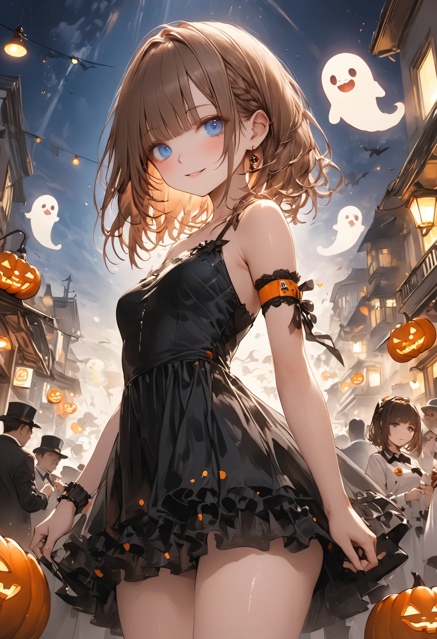 Cheerful Halloween Ghosts with a Horrible Atmosphere、Halloween Night、Late Night、ghost girl、black dress、((from below:1.2)),Halloween Parade、Brilliant Colors,beautiful eyes,A delicate smile,Textured Skin,masterpiece,Kilo,BEST QUALITY THE BEST,gentle and beautiful woman,Noisy Ghosts，Everyone Here Are Ghosts，Wearing Stylish Costumes、Crowded Scramble Crossing、Exchanging lots of sweets、meteor、空から降り注ぐmeteor、無数のmeteor群、brown hair，shortcuts with armbands，unkempt hair，Short braided hair，Neat，slender beauty，correct attitude，small breasted，beautiful legs，Enchanting Gray-Blue Eyes Shine Like Stars，Saggy Eyes，Brilliant Colors,beautiful eyes,A delicate smile,Textured Skin,BEST QUALITY THE BEST,gentle and beautiful woman,anime style､4K High Quality、Photographer style、Realistic、HDR、ultra-fine depiction、Vivid Color、Bokeh