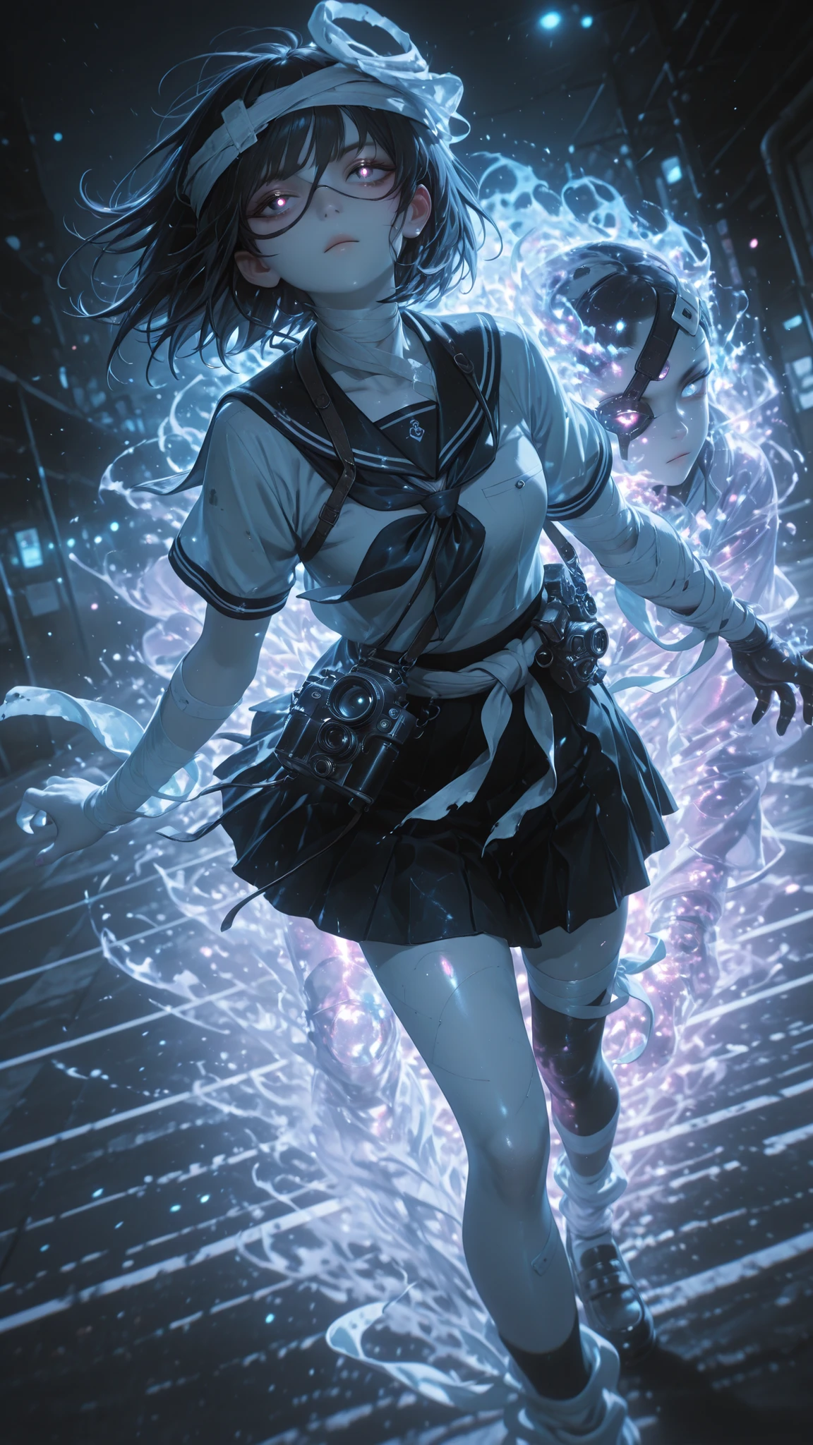 High-resolution photorealistic reflections, glowing bokeh, atmospheric lighting, captivating – shot with the Nikon Z7 II mirrorless camera. High-resolution eyes and face, detailed features, 8K, ultra-high resolution), (Anime style, high-resolution eyes and face), (Anime style, illustration emphasizing facial details), intricate details, mysterious atmosphere, captivating ambiance, dark effects, soft shadows, dark color palette, upward gaze, petite girl, Translucent white skin, sailor uniform, eye patch, loose bandage on right arm, loose bandage on left arm, loose bandage around neck, loose bandage on leg, loose bandage on head, loose bandage around waist, dynamic pose, speed lines, action pose, charging forward, concentrated line effect, Sharp gaze, jet-black pupils, right hand extended far forward. Cold and sharp, mysterious aura, massive dust cloud behind. Dutch angle, framing from waist height, cold and eerie. Expressionless, or perhaps wearing a slight sneer.