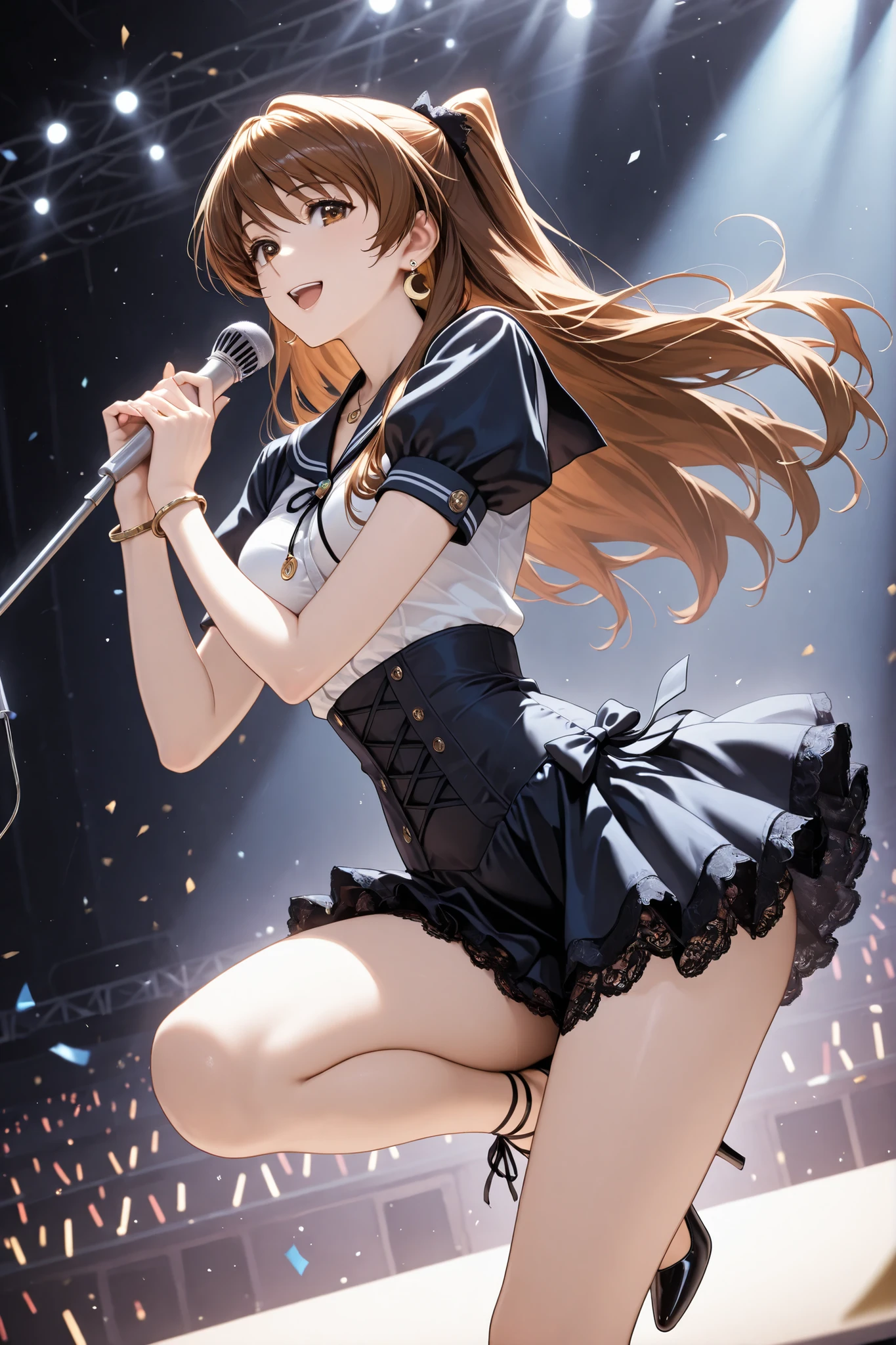 ogiso setsuna, both hands are holding microphone stand with microphone, smile, mouth open, ogiso setsuna\(white album 2\), 1girl, brown hair, brown eyes, long hair, (beauitful eyes, detailed eyes), ((masterpiece)), Top Quality, very detailed, concert stage, spotlight, medium breasts, solo female, (lace up_tied waist:1.3), Sailor uniform, ruffle, ruffle collar, Bolo tie, lantern sleeves, short sleeves, lace inner skirt, mini Sailor skirt, jewellery, jewelry, metal bracelet, (crescent shaped earrings, waist cutout), pendant, (toe heels:1.3, 5 toes:1.2)), 5 fingers, thighs, dynamic pose, dynamic composition, leaning forward, look at viewer, thighs focus, toes focus