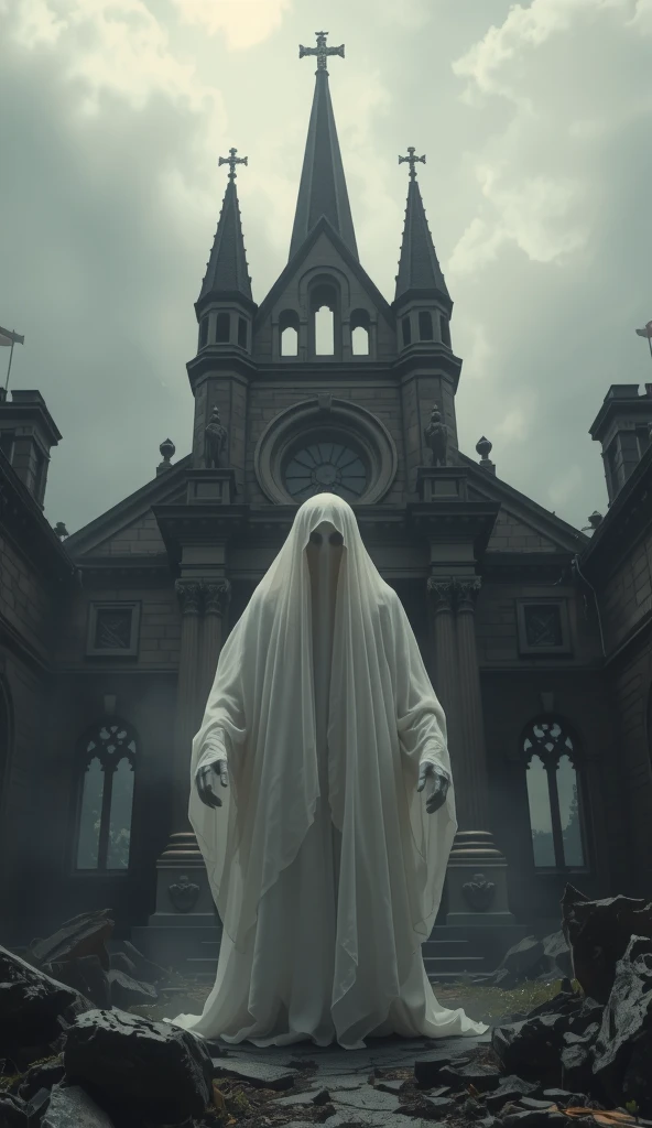 A ghost with a flying woman's head without a body except for organs in a scary graveyard background