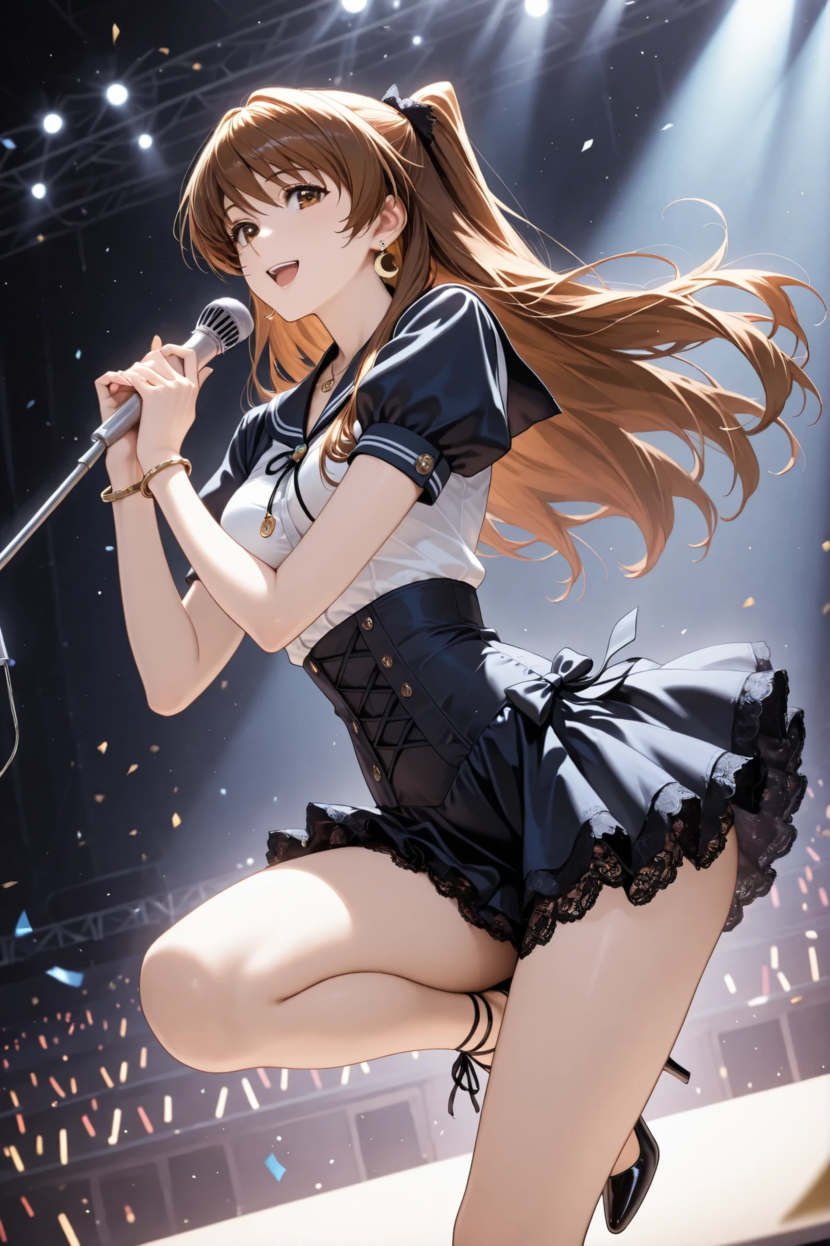 ogiso setsuna, both hands are holding microphone stand with microphone, smile, mouth open, ogiso setsuna\(white album 2\), 1girl, brown hair, brown eyes, long hair, (beauitful eyes, detailed eyes), ((masterpiece)), Top Quality, very detailed, concert stage, spotlight, medium breasts, solo female, (lace up_tied waist:1.3), Sailor uniform, ruffle, ruffle collar, Bolo tie, lantern sleeves, short sleeves, lace inner skirt, mini Sailor skirt, jewellery, jewelry, metal bracelet, (crescent shaped earrings, waist cutout), pendant, (toe heels:1.3, 5 toes:1.2)), 5 fingers, thighs, dynamic pose, dynamic composition, leaning forward, look at viewer, thighs focus, toes focus