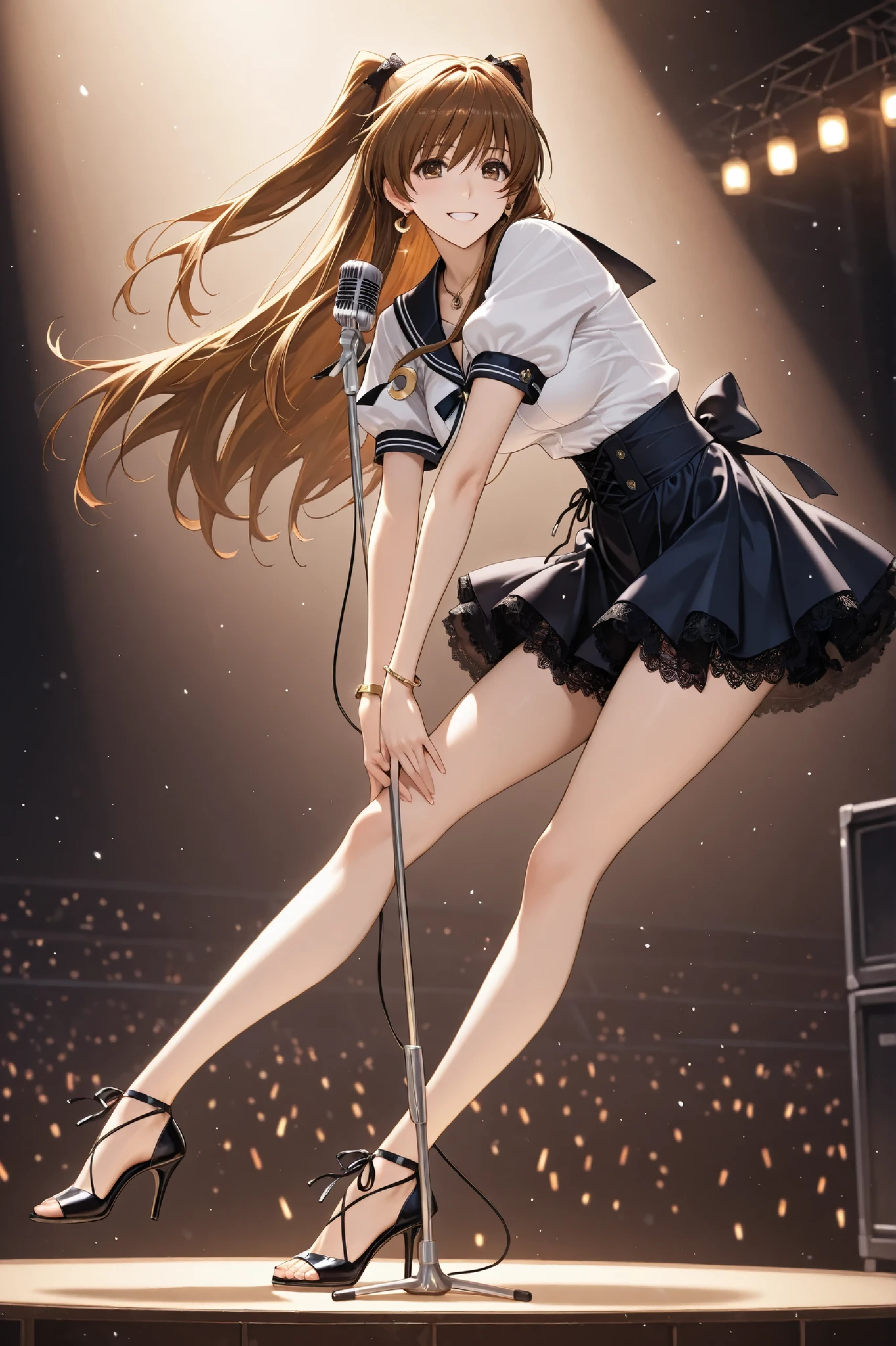 ogiso setsuna, both hands are holding microphone stand with microphone, smile, mouth open, ogiso setsuna\(white album 2\), 1girl, brown hair, brown eyes, long hair, (beauitful eyes, detailed eyes), ((masterpiece)), Top Quality, very detailed, concert stage, spotlight, medium breasts, solo female, (lace up_tied waist:1.3), Sailor uniform, ruffle, ruffle collar, Bolo tie, lantern sleeves, short sleeves, lace inner skirt, mini Sailor skirt, jewellery, jewelry, metal bracelet, (crescent shaped earrings, waist cutout), pendant, (toe heels:1.3, 5 toes:1.2)), 5 fingers, thighs, dynamic pose, dynamic composition, leaning forward, look at viewer, thighs focus, toes focus