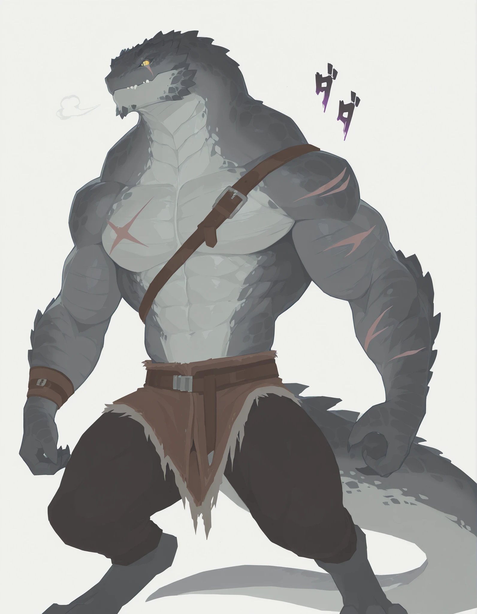 masterpiece, best quality, amazing quality, very aesthetic, absurdres, newest, scenery, extreme detail, 8k, dnd, anthro lizard, detailed eyes, yellow eyes, lizardfolk, male, scalie, hunk, gray body, strong hands, black back, solo, bara, detailed skin, scars, thick tail, hunter, strong, scalie torso, detailed muscles, detailed muscular arms, barbarian, digitigrade legs, thick legs, proporcional body, wide chest, buffed muscular torso, abs, trapezoid body type, marked jaws, thick tail, masculine, thick scales on arms and legs, muscular legs, proporcional body, wide chest, trapezoid body type, wearing pants, marked jaw, scars, pensive, menacing, upper body focus, simple white background