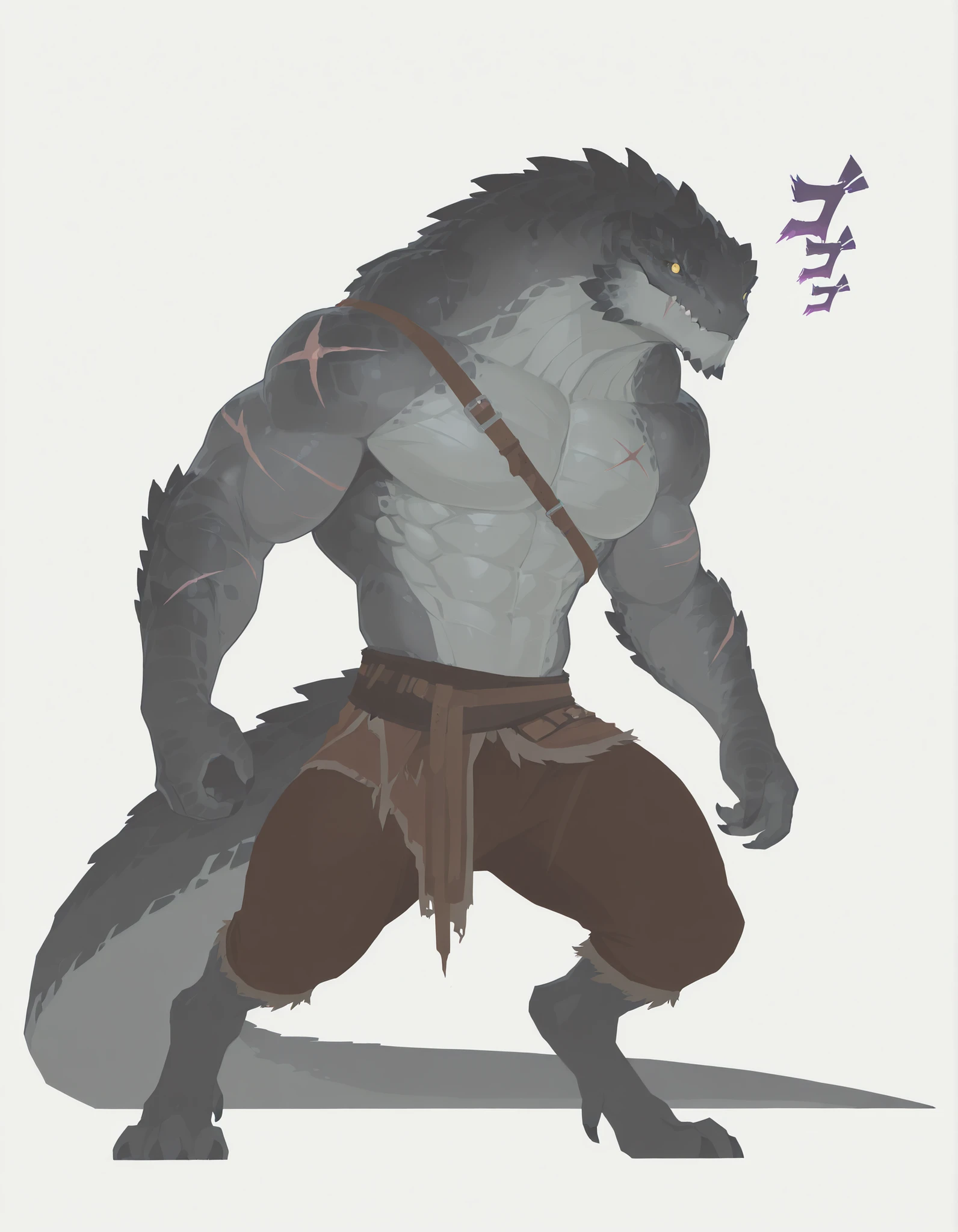 masterpiece, best quality, amazing quality, very aesthetic, absurdres, newest, scenery, extreme detail, 8k, dnd, anthro lizard, detailed eyes, yellow eyes, lizardfolk, male, scalie, hunk, gray body, strong hands, black back, solo, bara, detailed skin, scars, thick tail, hunter, strong, scalie torso, detailed muscles, detailed muscular arms, barbarian, digitigrade legs, thick legs, proporcional body, wide chest, buffed muscular torso, abs, trapezoid body type, marked jaws, thick tail, masculine, thick scales on arms and legs, muscular legs, proporcional body, wide chest, trapezoid body type, wearing pants, marked jaw, scars, pensive, menacing, upper body focus, simple white background