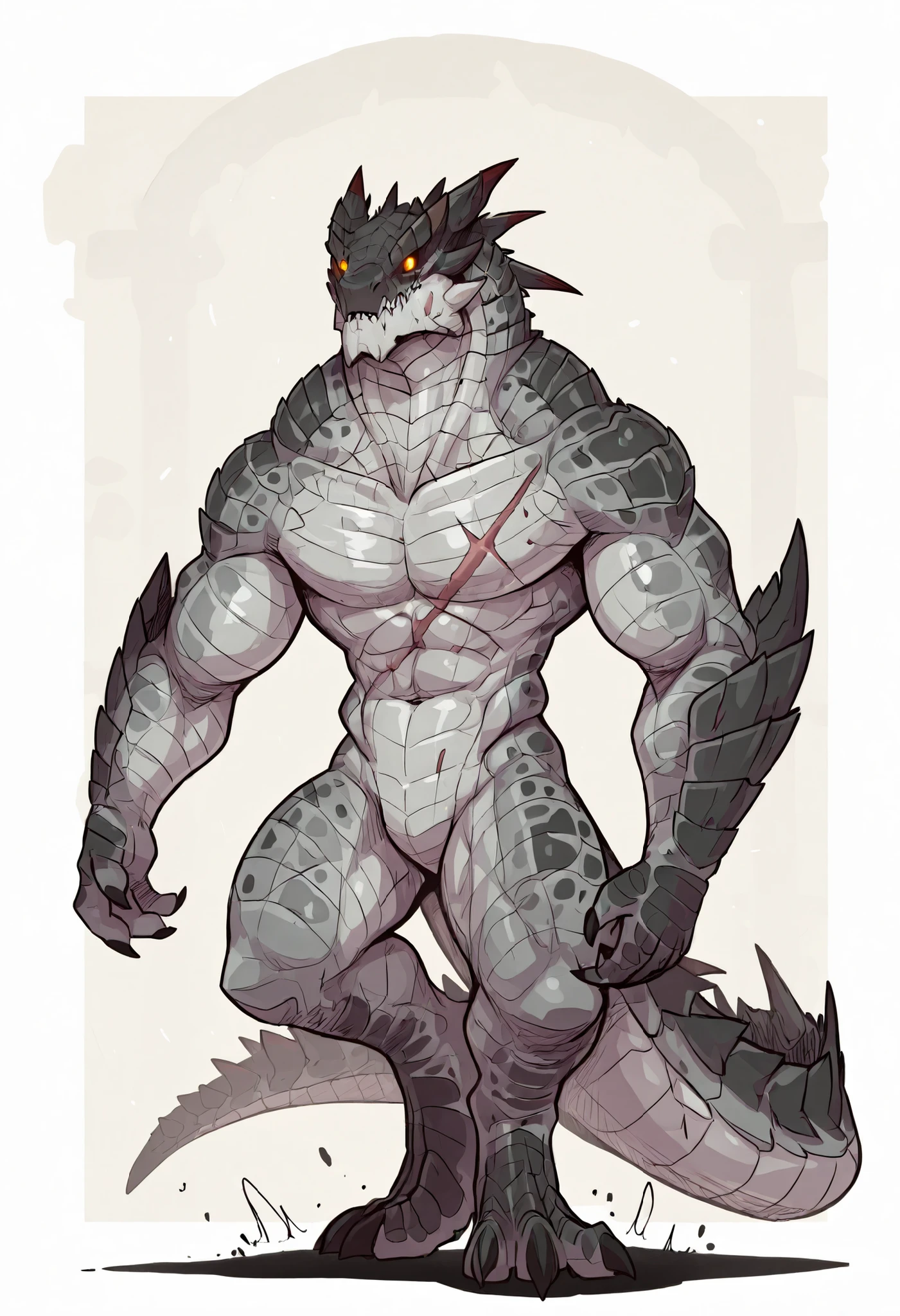1male, solo, anthro, lizardfolk, anthro dragon lizard, solo, scaly, detailed scales, experienced predator, black scales, matte body, torso is well-defined and muscular, body robust and powerful, massive arms, detailed scales, scars on body and head, thick neck, looks timid, marked defined jaw, pike jaw, scaly, darkness, horror, best quality, 4k, ultra-detailed, full body