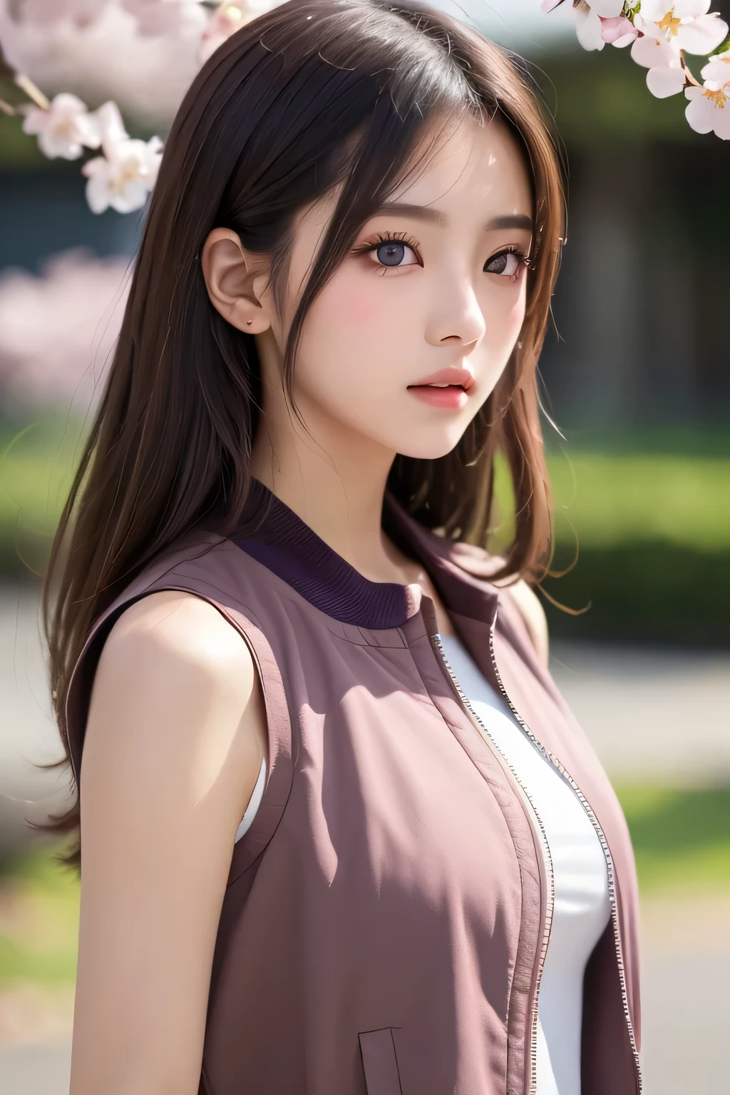 cherry blossom god, blossom, Italian girl anime version ,closeup,(The power to control the wind, purple eyes and light brown medium hair, Italian pastel Sleeveless Clothes and Jackets),spring lights,