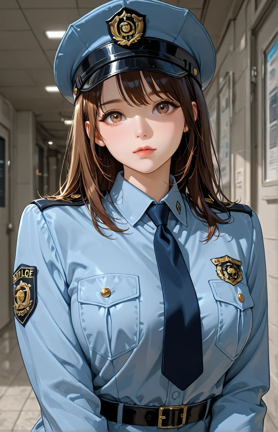 a woman short hair in a police uniform sitting on a chair, officer, security agent, wearing a police uniform, police officer, from girls frontline, marin kitagawa fanart, (sfw) safe for work, anya from spy x family, fine details. girls frontline, full body xianxia, police, pilot outfit, jk uniform, yayoi kasuma, official art