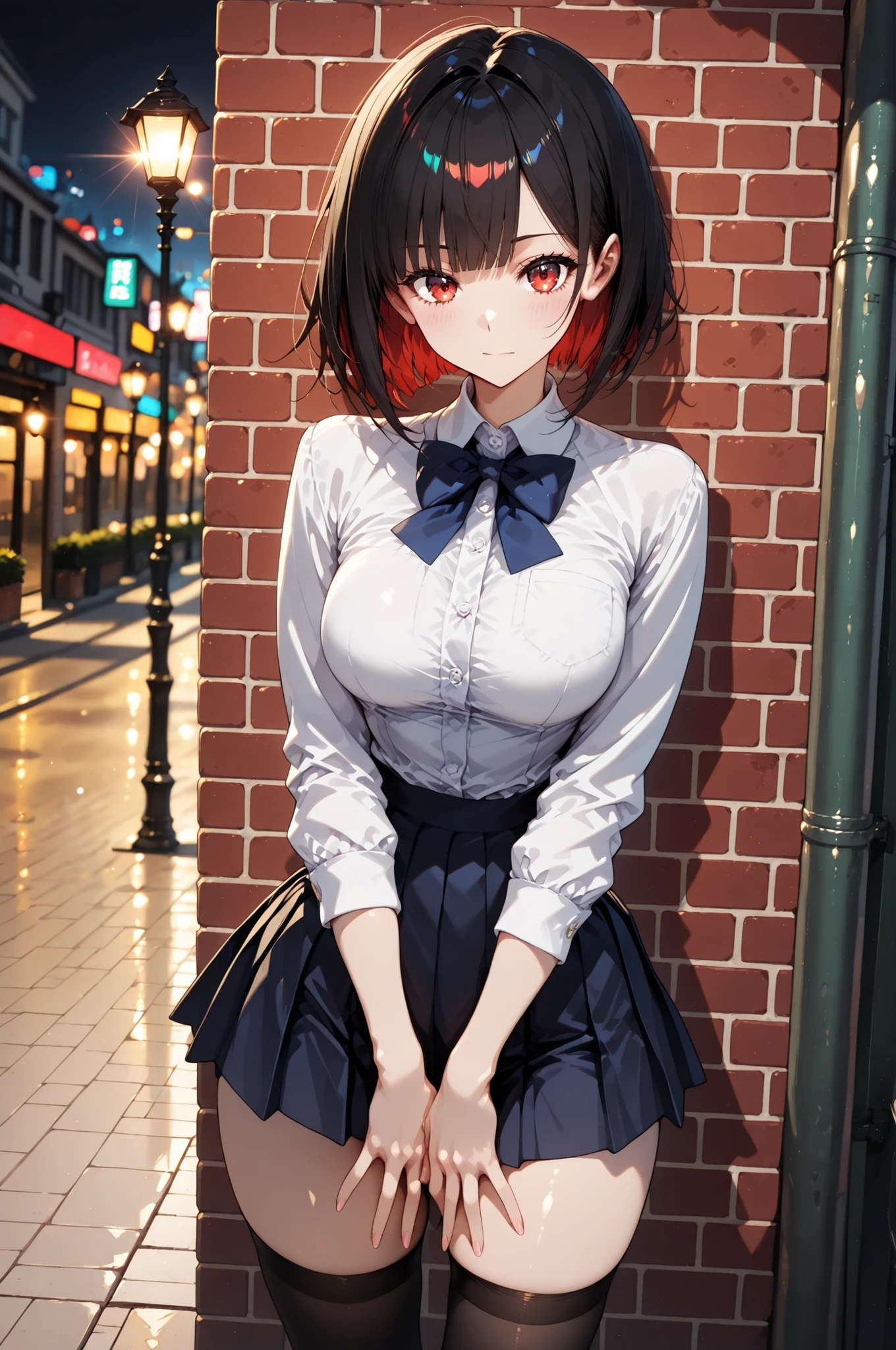 1 Girl, BRICK WALL FACE :1.2, Street lamp, solo, ((year zero)), 4 fingers:1.2, hands in front of body, sheer blouse, mini skirt, black stockings, Pay attention to light and shadow in every detail, blurred background, (Highest Quality:1.2, 4K, 8k, very detailed, attention to detail, masterpiece:1.2, Ultimate aesthetics),