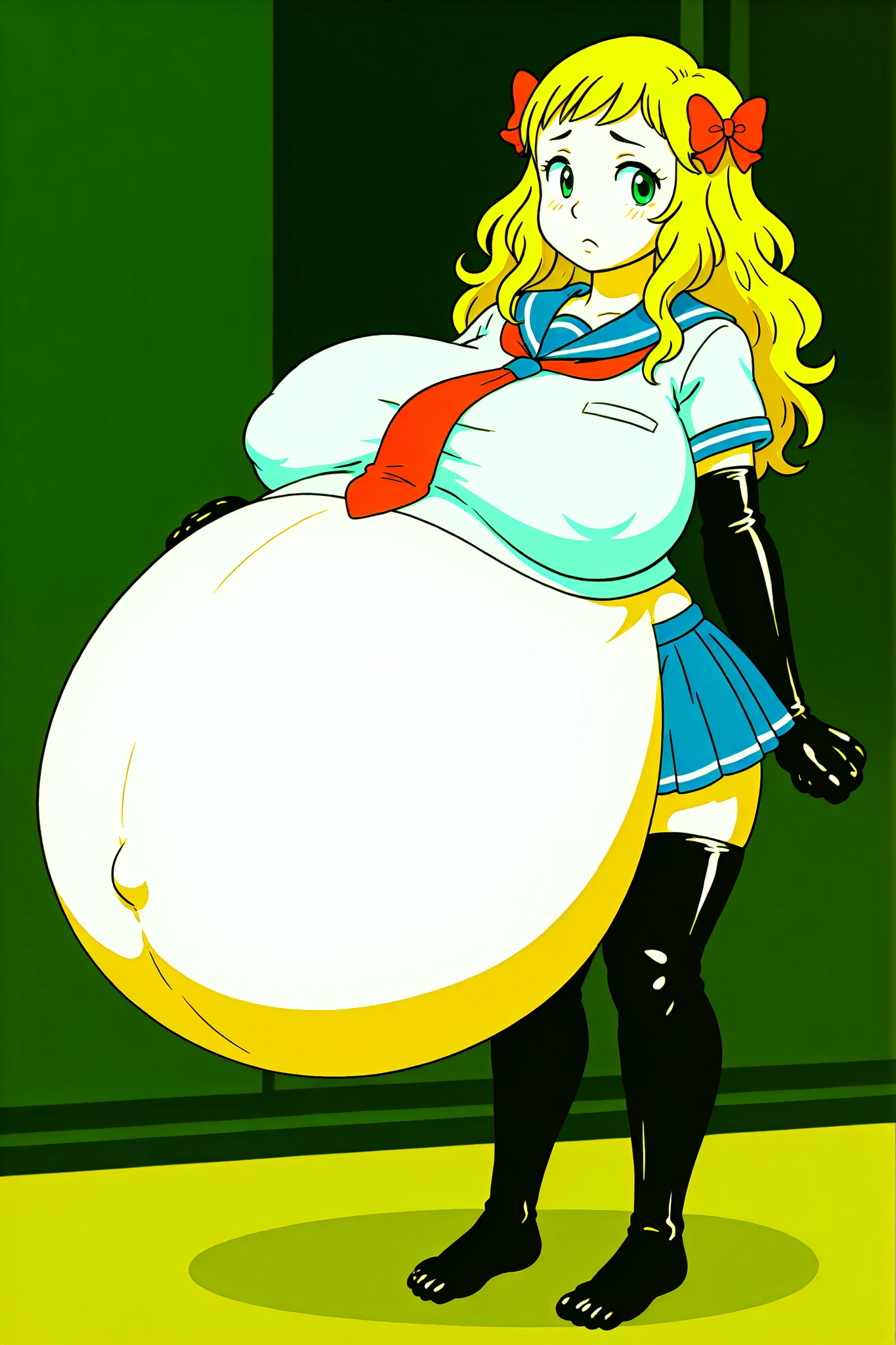 Wavy hair bow, cutie teenager girl, school uniform,huge breasts, hyper pregnancy belly, hyper pregnant belly,long latex sock and gloves 