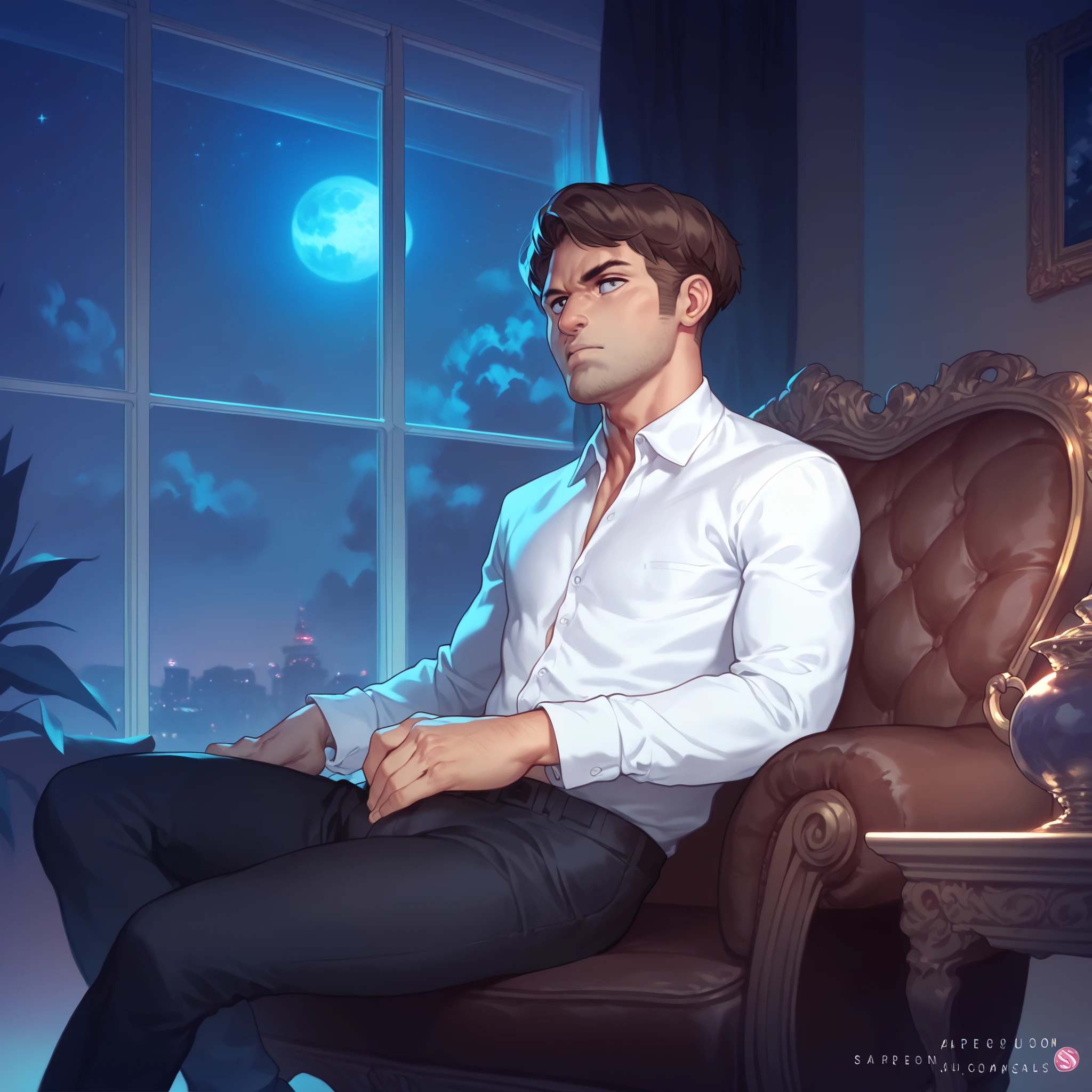 Boy, brown hair, fit body, wearing a white dress shirt and black pants, in a luxurious room, looking out the window, night, moon in the sky. Sitting in an armchair, thoughtful, serious expression, looking to the side,