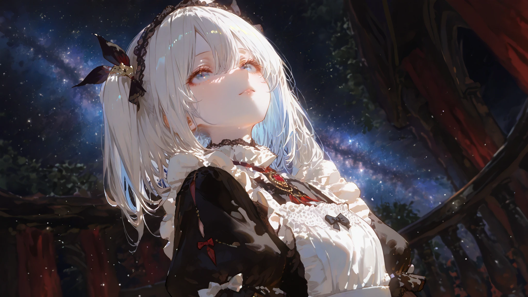 masterpiece, best quality, ultra detailed, high resolution, sharp focus, crisp, well-lit,

1girl, curvaceous figure, correct , well-proportioned body, beautiful, cute girl, innocent face with subtle melancholy, clear face, visible face,

long silver hair with galaxy-sky blue highlights, shining particles in hair, pale glowing skin, intelligent and distant expression,

wearing a frilly maid outfit, classic maid apron with lace and ruffles, elegant design, delicate fabric, fluttering details,

looking up into the starry sky, from below, strong contrast with background, dark background but character softly illuminated, divine atmosphere, ethereal


