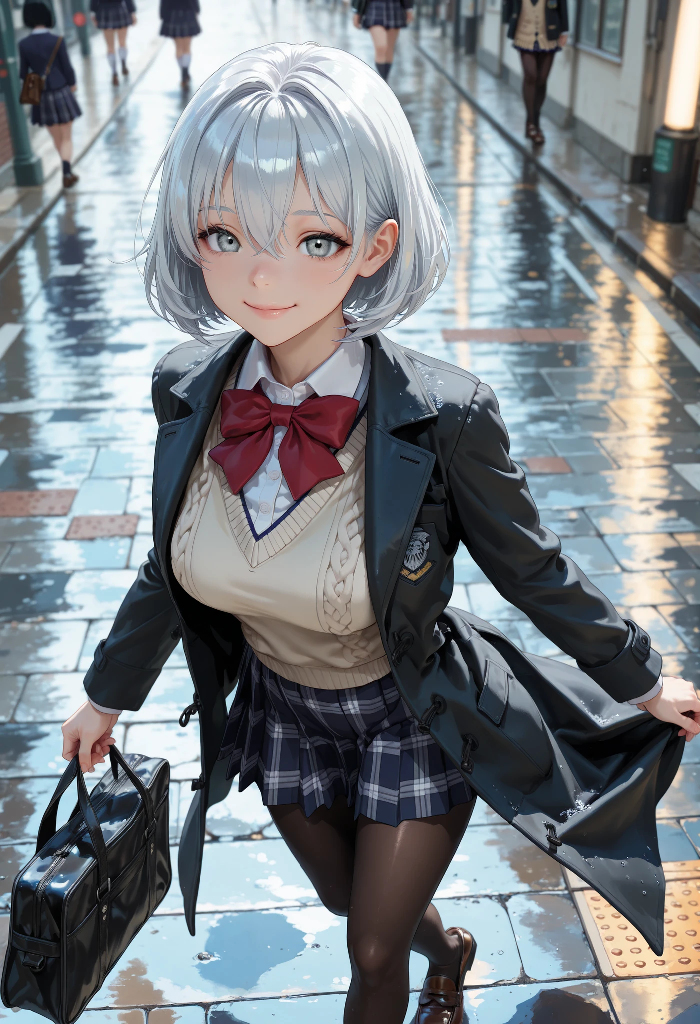 (From back:1.2)(From above:1.2), cowboy shot, masterpiece, best quality, amazing quality, very aesthetic, high resolution, ultra-detailed, absurdres, newest, scenery, BREAK, depth of field, volumetric lighting, (masterpiece, best quality, absurdres, detailed,perfect quality, amazing quality, very aesthetic, absurdres, newest, ultra-detailed:1.2), extremely detailed, modern, very awa, crisp, sharp, beautiful eyes, fine textures, clean skin, 1girl, 18yo, BREAK ((silver hair:1.5),bob cut, bang between eyes), ((glossy silver eyes:1.5)), (cute eyes, tareme, twinkle eyes), (large breasts), cute face, beautiful face, pretty face, beautiful, good anatomy, long eyelashes, expressive eyes, Perfect Hands, happy, one eye close, smile, glossy lips, perfecteyes, BREAK 1girl, (wearing a black coat over a blazer and knit vest style school uniform:1.5), two-piece layered tops, (wear a navy blazer jacket) over a (white collared-shirt:0.5), Layering, separating a long sleeved navy blazer jacket and white collared-shirt, (outerwear is navy blazer jacket), navy long sleeves, innerwear is white collar exposed from V-neckline, outer jacket is navy, (white collared-shirt:0.5) with big red ribbon bow on neck, only exposed dark-navy plaid skirt-hem, navy pleated mini skirt, ((dark-brown pantyhose, loafers):1.2), brown loafers, BREAK (holding one black school bag), BREAK 1girl, morning, rainy, street, a cute anime girl, (dynamic posing:1.2), BREAK soft lighting, (masterpiece, best quality), (cute, 8K, perfect lighting, perfect anatomy), absurdres, (best quality), (ultra-detailed:1.2), high res, very aesthetic, ultra-detailed, cinematic, masterpiece, best quality, sharp outline, detailed eyes, high gradient eyes, high definition eyes