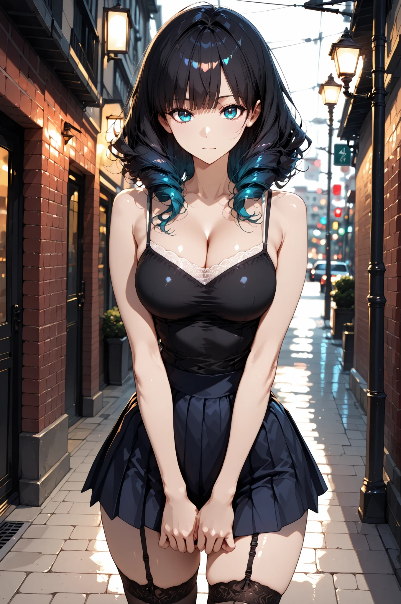 1 Girl, BRICK WALL FACE :1.2, Street lamp, solo, ((year zero)), 4 fingers:1.2, wave hair, dark haired, hands in front of body, camisole similar to Lanka, mini skirt, Garter Stocking, Pay attention to light and shadow in every detail, blurred background, (Highest Quality:1.2, 4K, 8k, very detailed, attention to detail, masterpiece:1.2, Ultimate aesthetics),