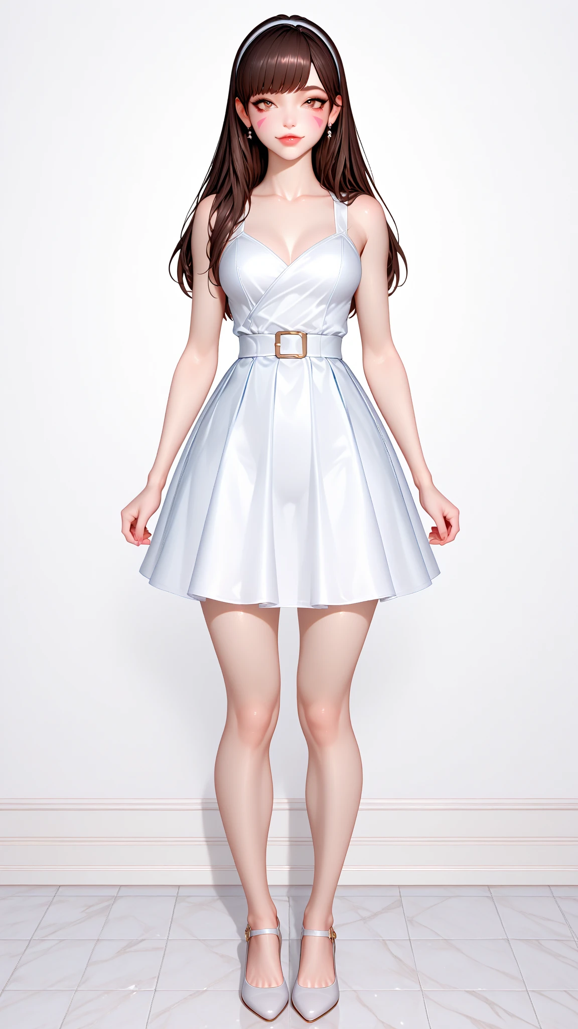 1girl, smirk, solo, (large breasts:1.2), long hair, see-through, pale skin, full body, necklace, shirt, pleated short dress, high heel shoes, looking at viewer, simple background, <lora:AgainHandFix_v1:0.2>