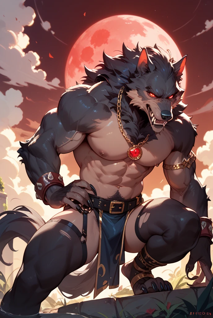 deathwolf,werewolf,male,aldult,alone,4K,best quality,whole body,looking at the audience,???? body,slim body,Show muscles,hairy body,Upper body exposed,bared  ?????,Hairy ??????? and firm figure,????? muscles,Pink ???????, Six-pack abs, biceps, anatomically correct,Delicate fur,pride,soft shadow,majestic,Detailed face,High quality eyes,red eyes,eyes shining,Sharp eyes,Grandiose,Valiantary,black pants,black cloak, ,Brown belt,Smile confidently,Strong,mature,night,forest background,moon,