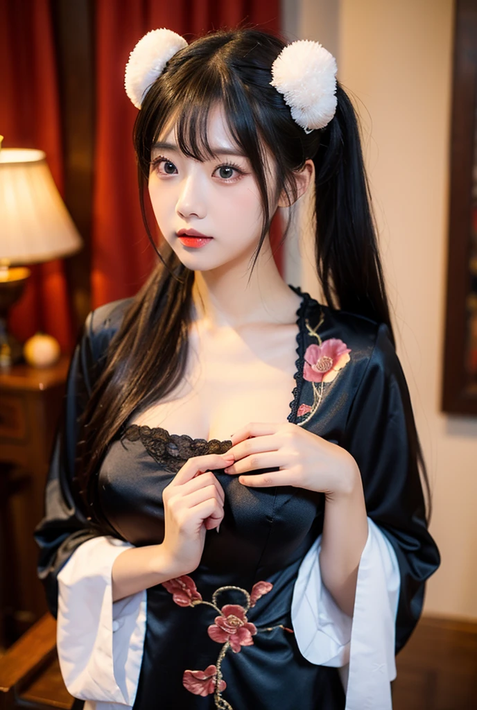 tra-detailed、Japanese、attractive beauty、 adult woman、pretty woman、piercing eyes、cool girl、wavy hair、swept bangs、Long Black Cheongsam、wide sleeves、Evil cadres、evil depravity、brainwash、mind control、lipstick、lip gloss、dark makeup、smirk、whisper in your ear、Evil expression、evil、hollow eyes,half-closed eyes、empty eyes、evil、church at night、vampire、succubus、vampire、Swear allegiance、 pose、hair ornaments、