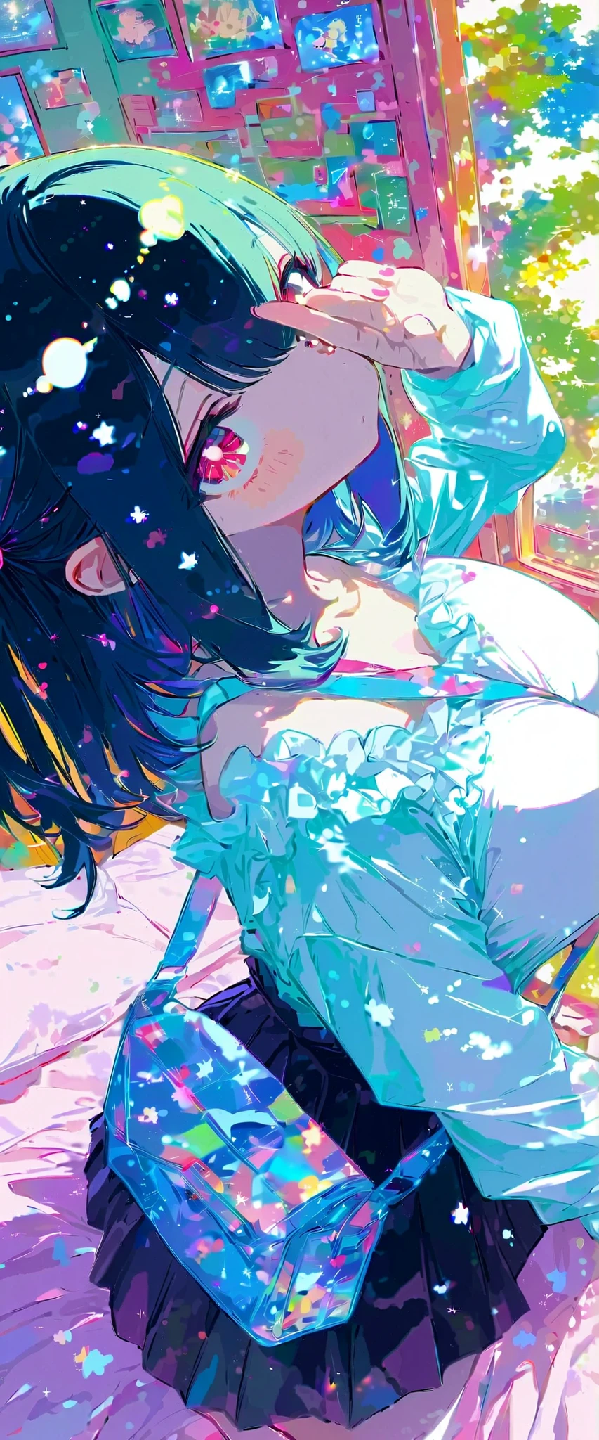 (beautiful girl:1.3),masterpiece,Ultra-high resolution,rich contrast,Very high quality,8k,Highly detailed CG unit wallpaper,Texture,So ridiculous,RAW Photos,Highest quality anime,anime-style illustration,studio anime style,professional photograph,an extremely delicate and beautiful,Depth of written boundary1.2,ultra-detailed eyes,Big eyes,Round eyes,two side up,Black Hair,swept bangs,Curvy Women,(suspender skirt,black),black pleated skirt,(white frilled shirt),long sleeve, bed,slim,(huge breasts:1.8),big and round butt,pale skin,Kawaii decorations,Calm,dynamic angle,backlight,wide,0__11Xx_illu,A cute room used by a girl,upturned eyes,pai-sura, breasts emphasis, slant bag, bag strap passing between breasts,((I'm sleepy and I rub my eyes)),dream-like space