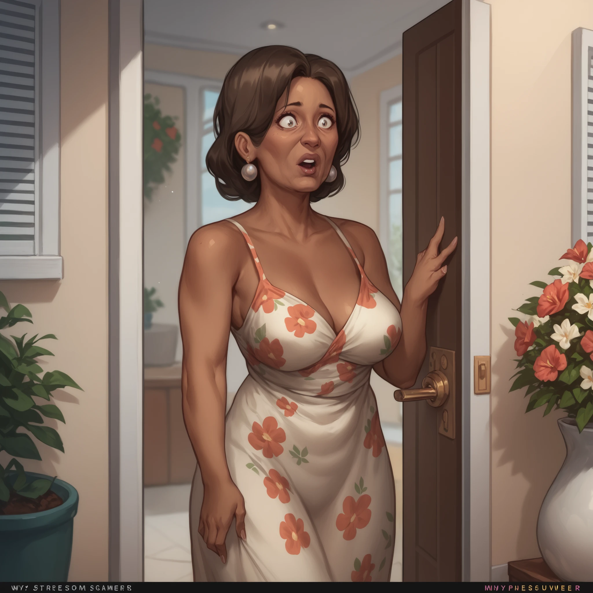 Old Woman, old female, medium breasts, gray brown hair, brown-skinned female, wearing floral summer dress, at her front door, expression of surprise,