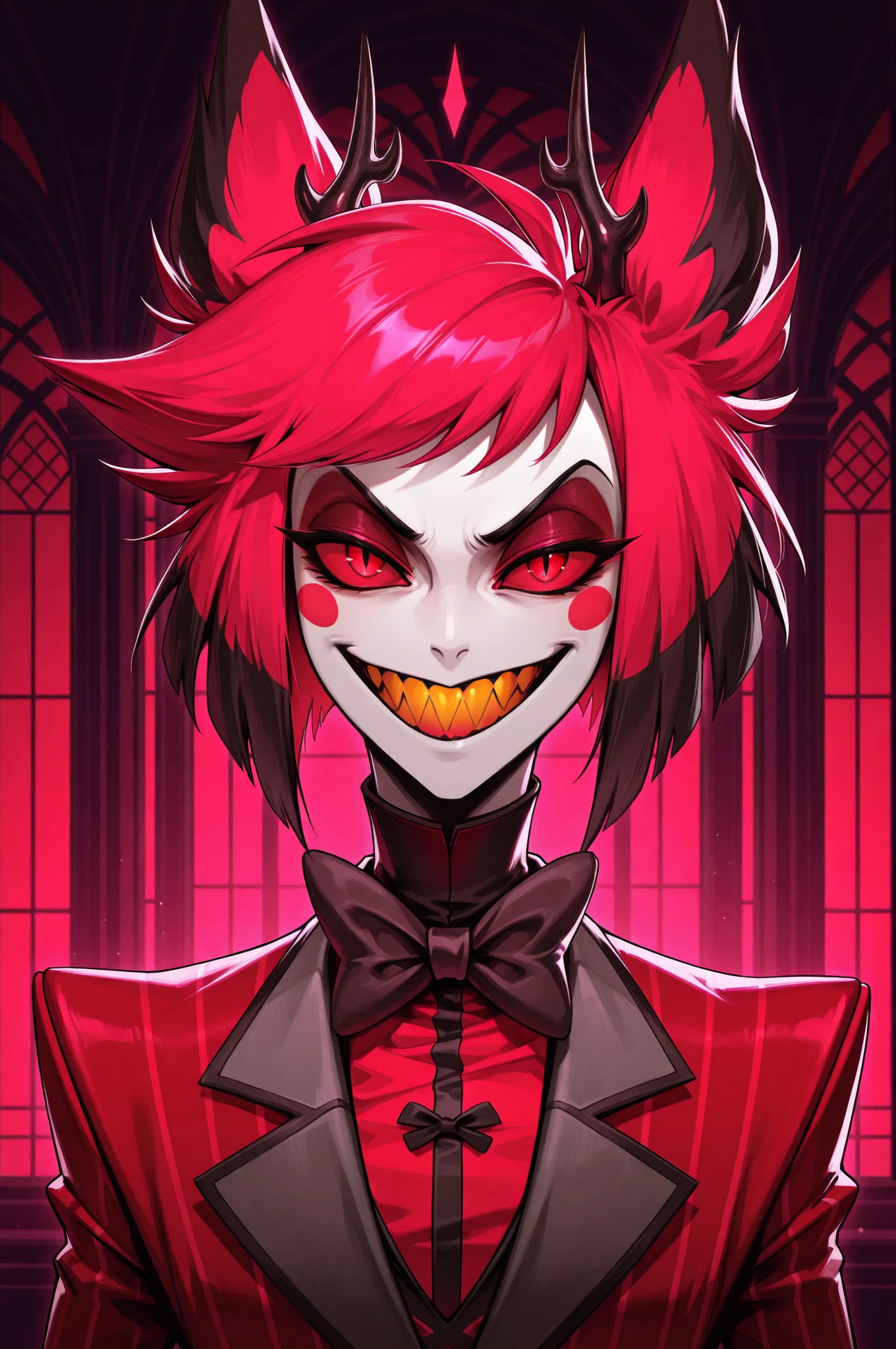  Alastor (radio demon) Hazbin hotel, perfect anatomy, mesmerizing red eyes, antlers, 8k resolution, (Single person), masterpiece, (perfect face:1.2), intricate details, luxury detailed palace background, 32k, cinematic lighting, volumetric lighting, masterpiece, best quality, 1guy, solo, animal ears, sharp teeth, red eyes, bow, smile, looking at viewer, slit pupils, bowtie, red hair, grin, multicolored hair, jacket, suit , cartoon