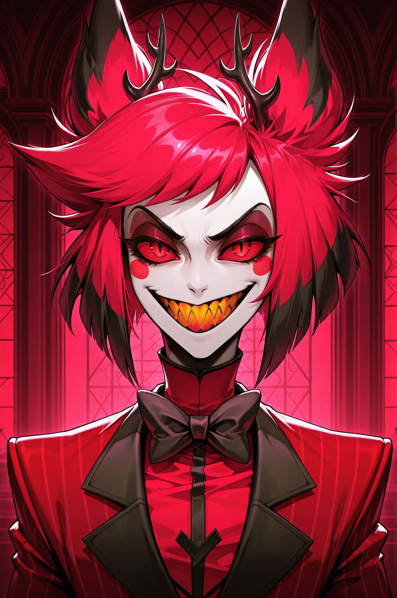  Alastor (radio demon) Hazbin hotel, perfect anatomy, mesmerizing red eyes, antlers, 8k resolution, (Single person), masterpiece, (perfect face:1.2), intricate details, luxury detailed palace background, 32k, cinematic lighting, volumetric lighting, masterpiece, best quality, 1guy, solo, animal ears, sharp teeth, red eyes, bow, smile, looking at viewer, slit pupils, bowtie, red hair, grin, multicolored hair, jacket, suit , cartoon
