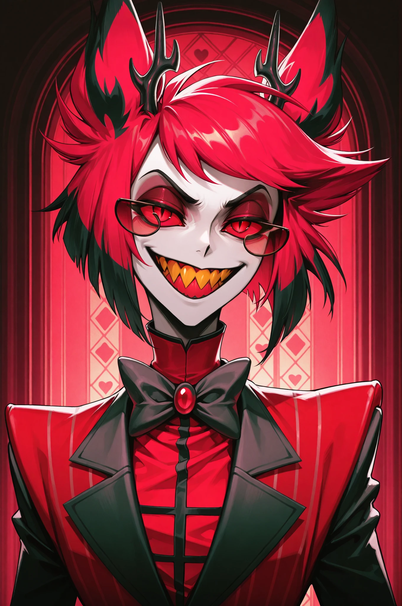  Alastor (radio demon) Hazbin hotel, perfect anatomy, mesmerizing red eyes, antlers, 8k resolution, (Single person), masterpiece, (perfect face:1.2), intricate details, luxury detailed palace background, 32k, cinematic lighting, volumetric lighting, masterpiece, best quality, 1guy, solo, animal ears, sharp teeth, red eyes, bow, smile, looking at viewer, slit pupils, bowtie, red hair, grin, multicolored hair, jacket, suit , cartoon