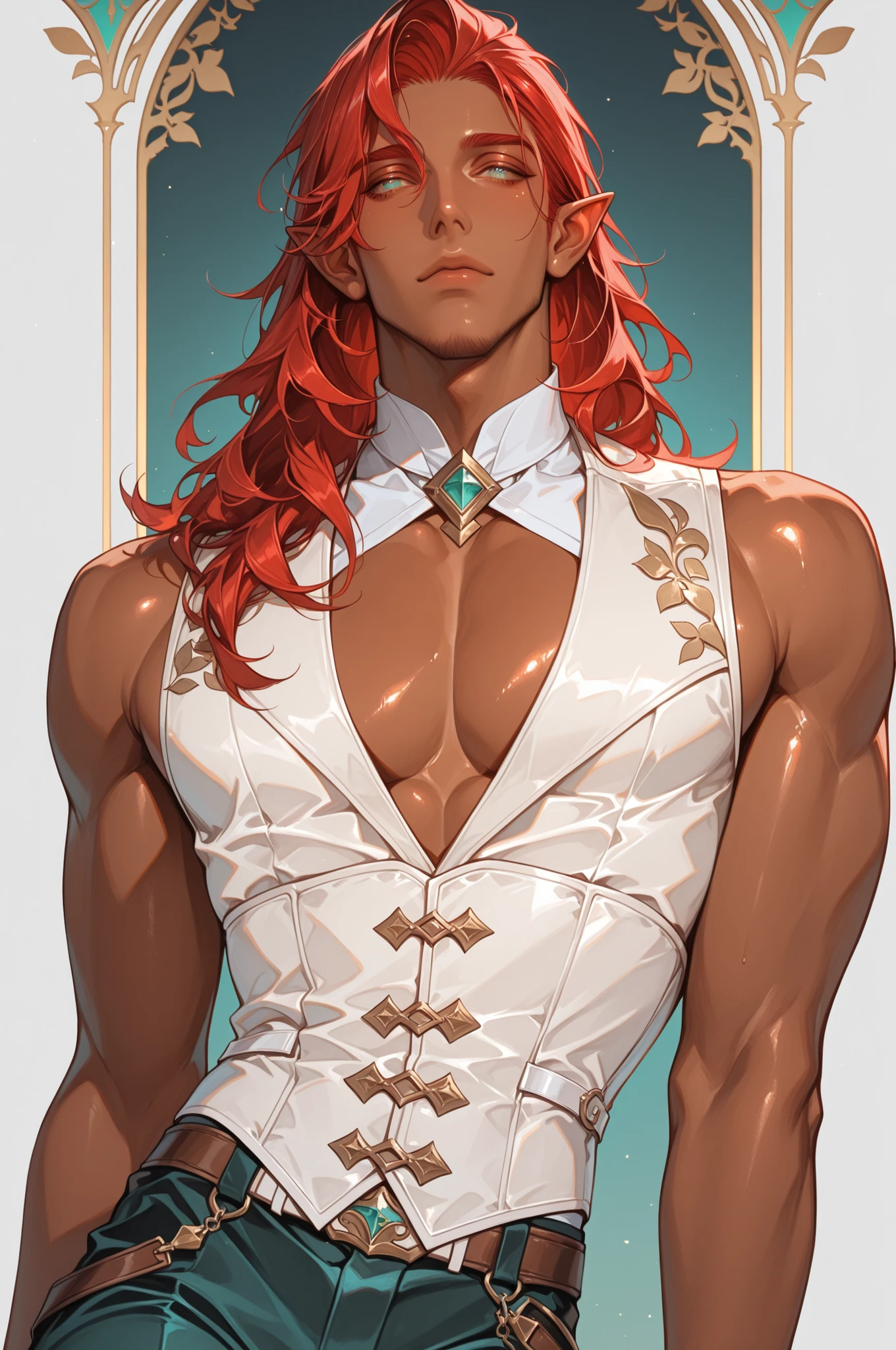 ,1boy,male, handsome dapper male elf, super detailed, kind and sophisticated, white corset vest, pants, shiny skin, long red hair, teal eyes, (dark skin), light background, ((male focus)),masterpiece, best quality,absurdres 