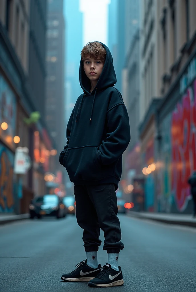 A young person stands confidently in an urban alley, surrounded by ...