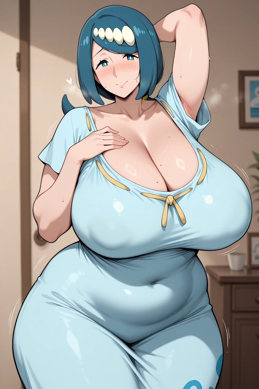  Hawaiian Girl, beautiful, , beautiful, Bright blue hair, Round Cut, Her blue eyes, She wears a white shirt, Showing your belly button, Blue long skirt. Huge  ,Big belly , Belly protruding forward