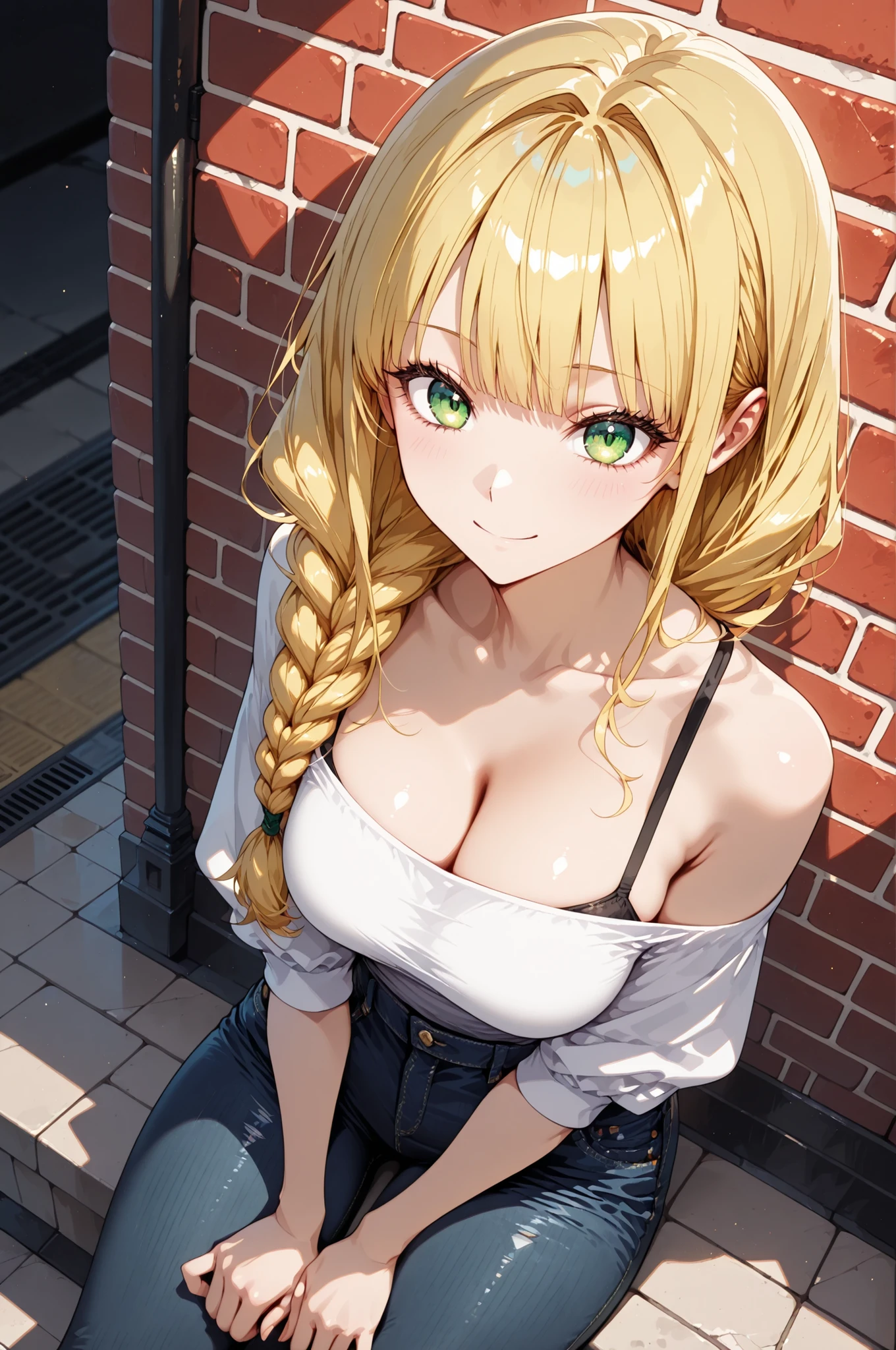 1 Girl, BRICK WALL FACE :1.2, solo, ((year zero)), 4 fingers:1.2, Long Hair , braided hair coming to one side, sitting leaning against a wall, from above, Off Shoulder, denim pants, Pay attention to light and shadow in every detail, blurred background, (Highest Quality:1.2, 4K, 8k, very detailed, attention to detail, masterpiece:1.2, Ultimate aesthetics),
