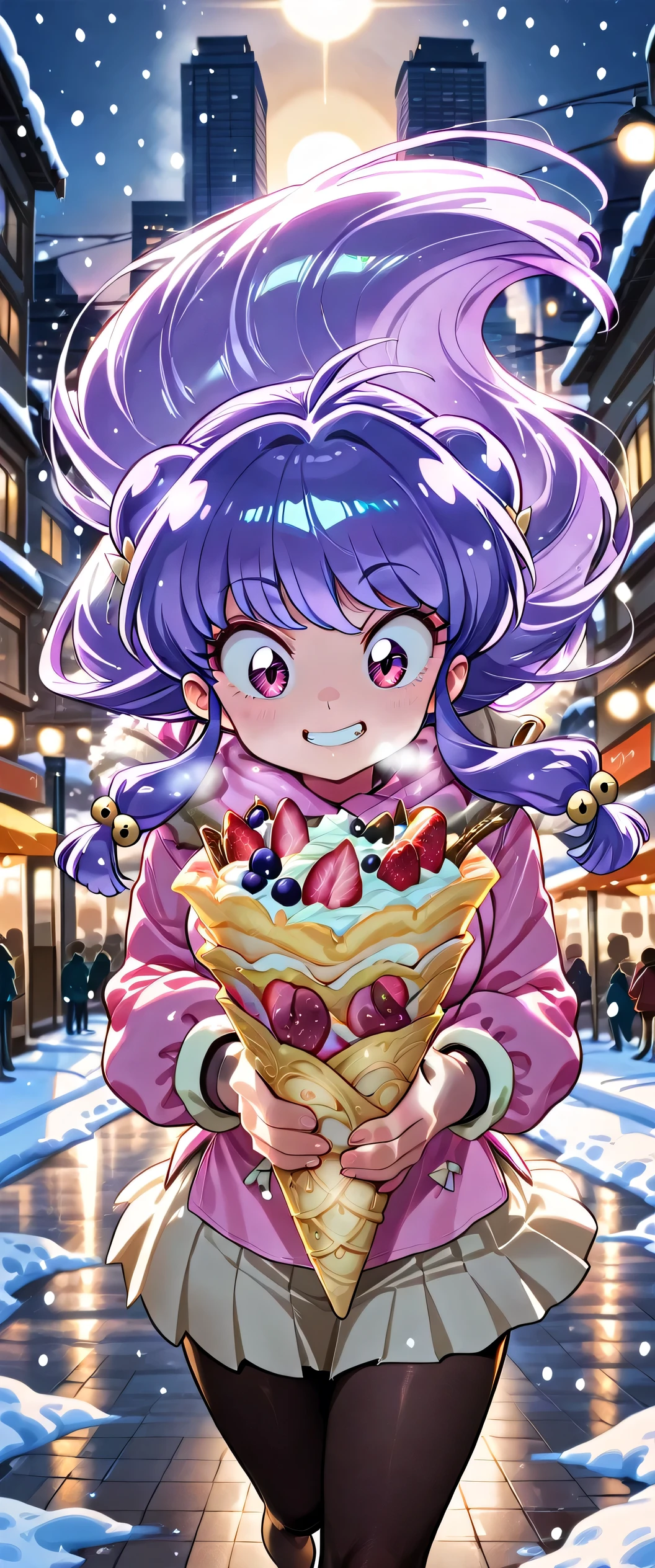 (((She has one crepe in each hand:1.5))),(She came running up:1.3), 1girl ,shampoo \(Ranma 1/2\),(beautiful girl:1.3),masterpiece,Please redeem,Ultra-high resolution,rich contrast,Very high quality,8k,Highly detailed CG unit wallpaper,Texture,So ridiculous,RAW Photos,anime-style illustration,studio anime style,professional photograph,an extremely delicate and beautiful,Depth of written boundary 1.2,Beautiful glossy lips,(hair color is light purple:1.5),round eyes,big eyes,pleated skirt,muffler,(Peacoat:1.3),(My breath is white),black tights,is snowing,(theme park),cowboy shot,open your mouth wide,smile,winter,gloves,Snow is piling up just a little,(Tilt your head),city,(Circular Bokeh),(backlighting:1.3),dalmu_style,r17329_illu,miaomiao_hwm