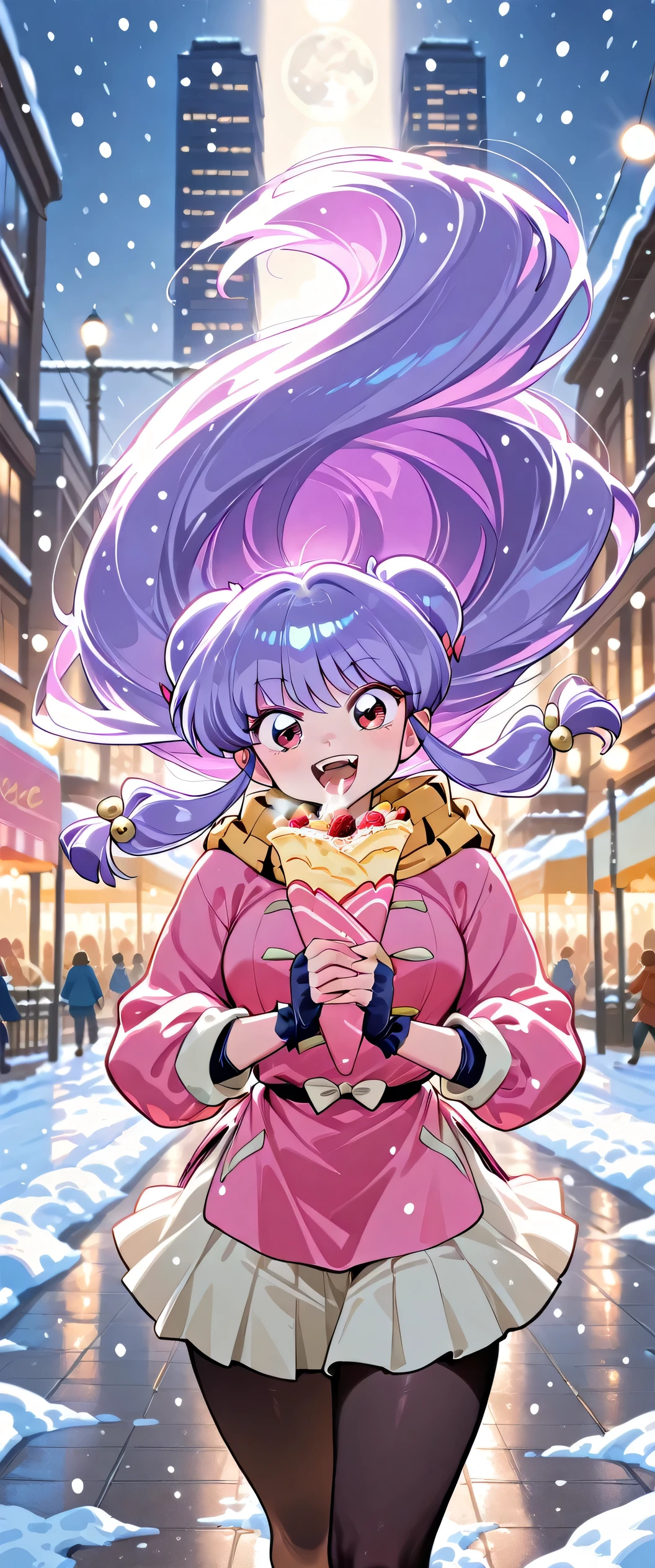 (((She has one crepe in each hand:1.5))),(She came running up:1.3), 1girl ,shampoo \(Ranma 1/2\),(beautiful girl:1.3),masterpiece,Please redeem,Ultra-high resolution,rich contrast,Very high quality,8k,Highly detailed CG unit wallpaper,Texture,So ridiculous,RAW Photos,anime-style illustration,studio anime style,professional photograph,an extremely delicate and beautiful,Depth of written boundary 1.2,Beautiful glossy lips,(hair color is light purple:1.5),round eyes,big eyes,pleated skirt,muffler,(Peacoat:1.3),(My breath is white),black tights,is snowing,(theme park),cowboy shot,open your mouth wide,smile,winter,gloves,Snow is piling up just a little,(Tilt your head),city,(Circular Bokeh),(backlighting:1.3),dalmu_style,r17329_illu,miaomiao_hwm