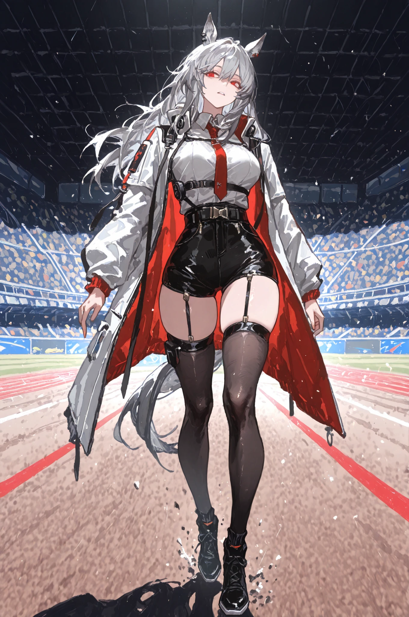 lawn、Racecourse、緑のlawnの上、新緑のlawn、Yee Xuan、collapse Starrail、Racecourse、Uma Musume、horse ear、Jirio Mahonoko、 A sophisticated eye 、Full Body、GBF_style、748cm style、32K、Semi Realistic、  super detailed description on the front 、art work、Original Work、 Detailed Color、 detailed eyes、 detailed face 、Detailed Eyes、detailed eyes、Exquisite eyes, The best傑作、professional job、Beautiful , Lots of Piercings, pop art,, realistic skin, The best, long hair under underwear,Red Eye,    cool look, narrowed her eyes, viewers, Silver Hair、lawn、Racecourse、Turf、Race Course 、dynamic pose 、緑のlawn,Racecourse、lawn、Black Knee Socks、緑のlawn、black hotpants、black hotpants、black tights、lawnの上、frustrated、garter belt、schwarz(Arknights)、Red and white coat 、white two-tone coat